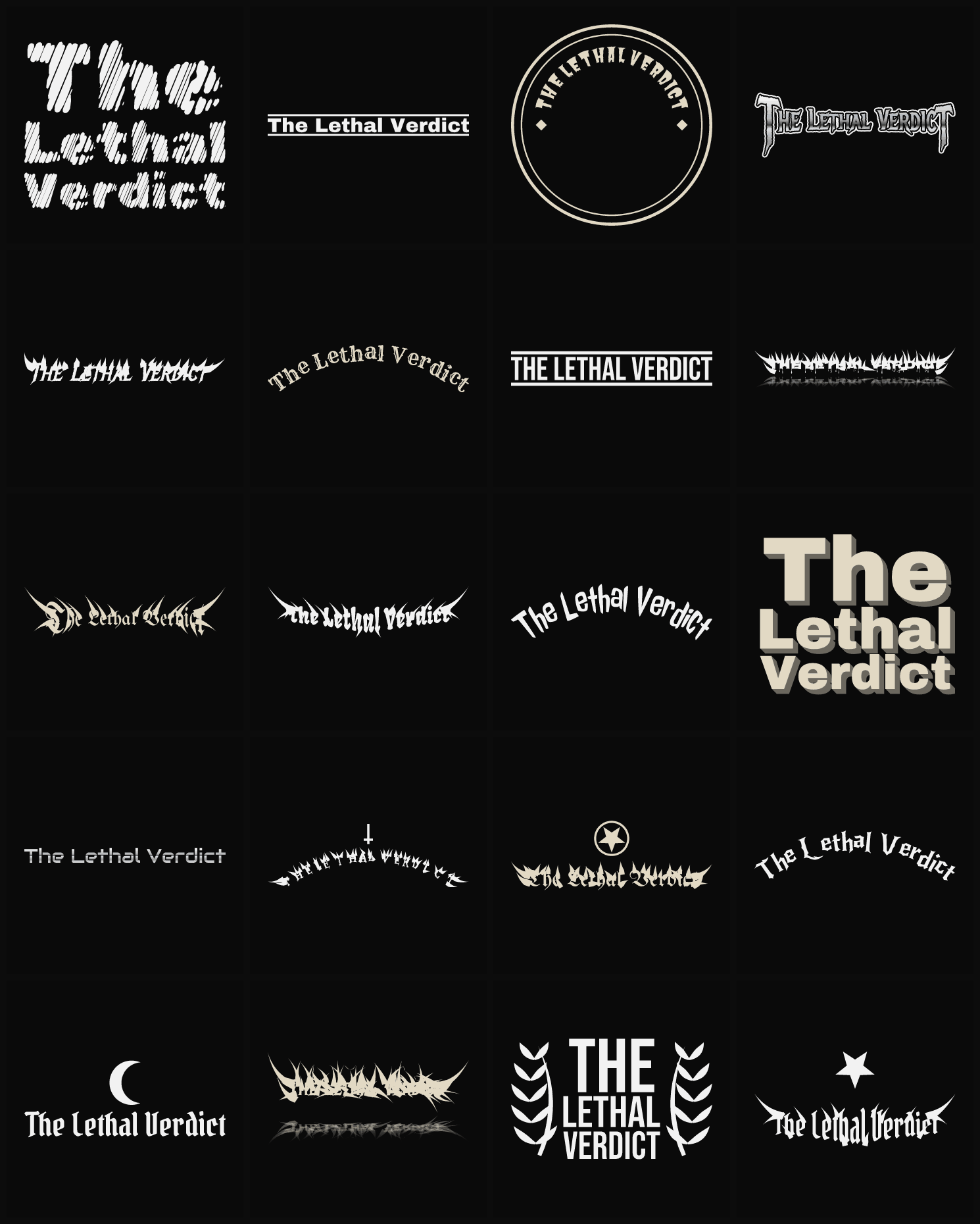 Twenty The Lethal Verdict band logo ideas — different faces, treatments and spike settings