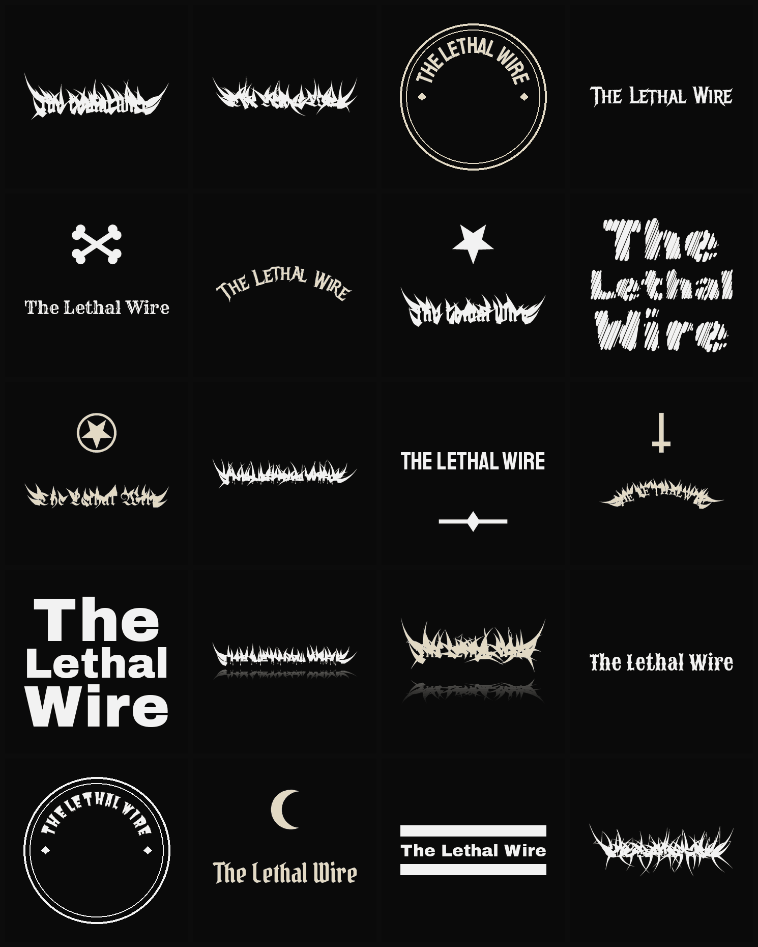 Twenty The Lethal Wire band logo ideas — different faces, treatments and spike settings