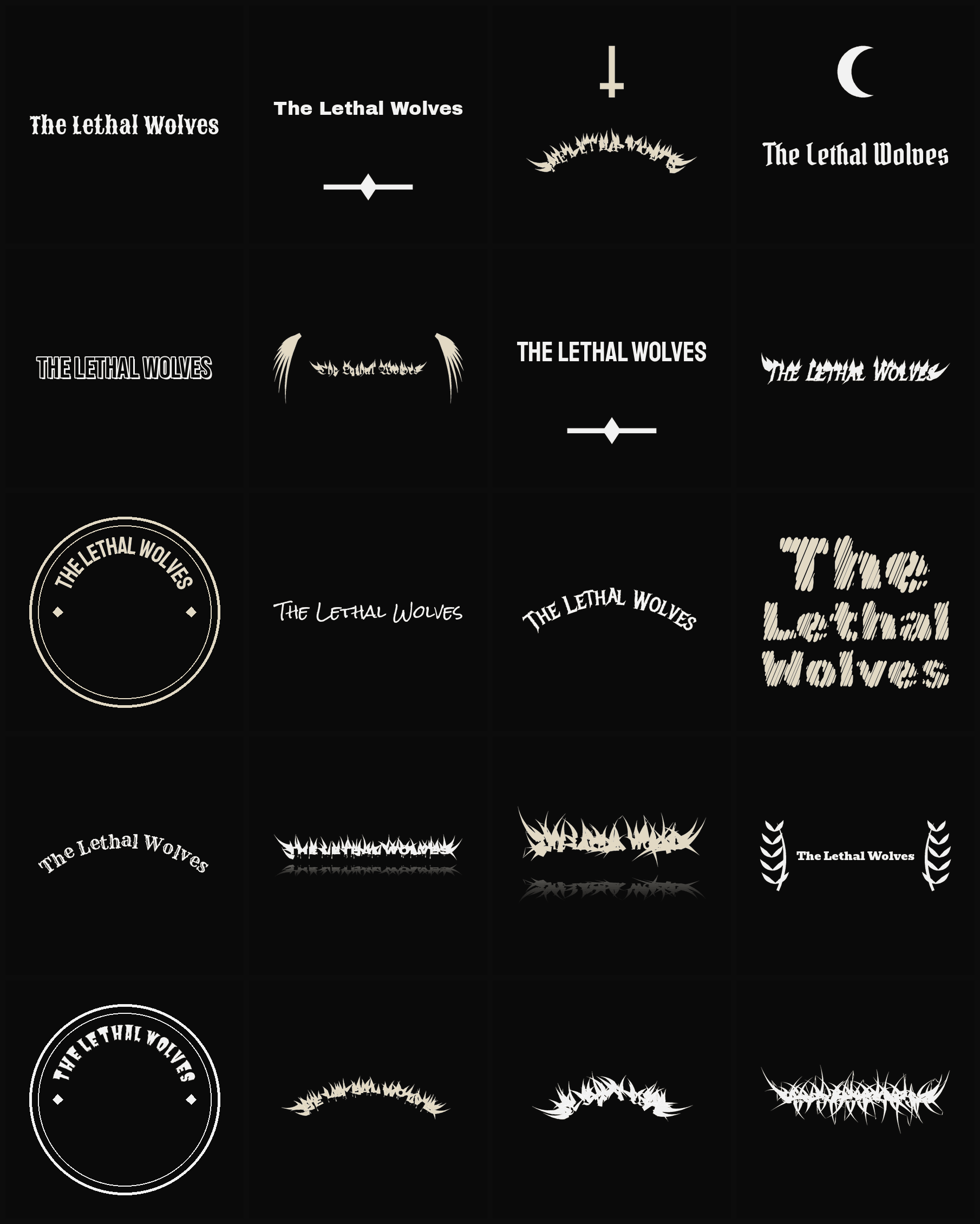Twenty The Lethal Wolves band logo ideas — different faces, treatments and spike settings