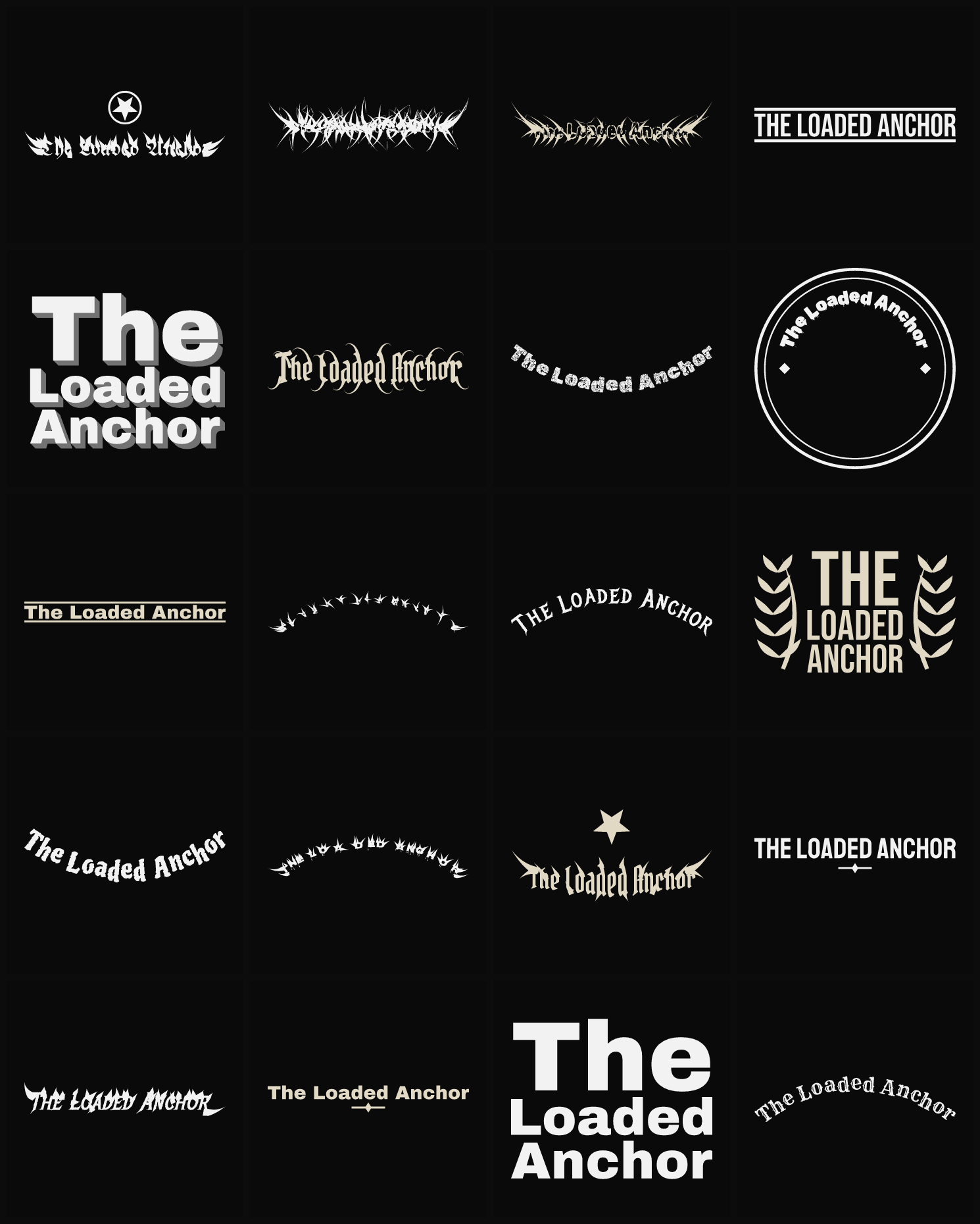 Twenty The Loaded Anchor band logo ideas — different faces, treatments and spike settings