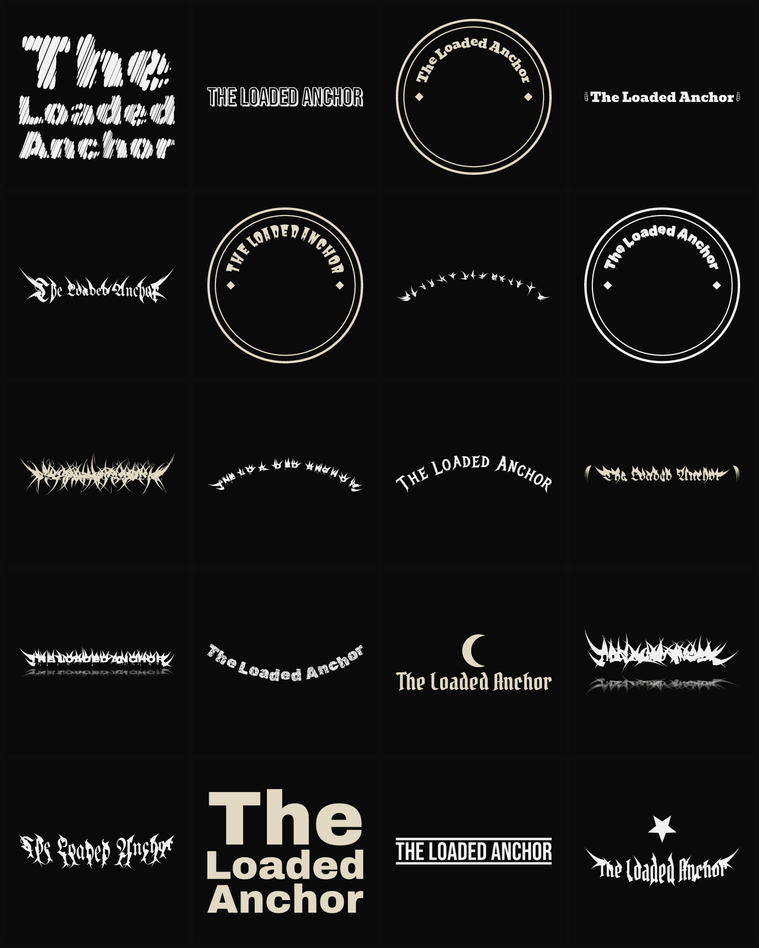 Twenty The Loaded Anchor band logo ideas — different faces, treatments and spike settings