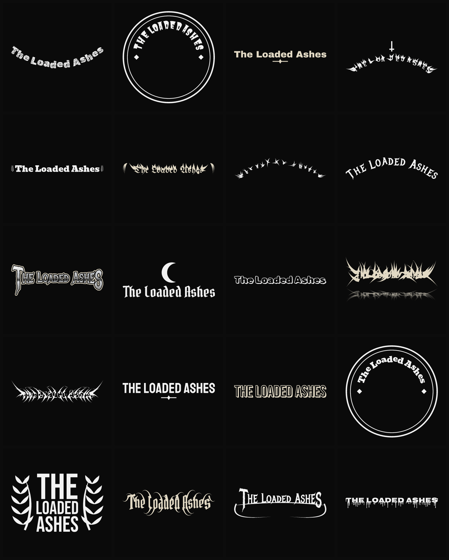 Twenty The Loaded Ashes band logo ideas — different faces, treatments and spike settings