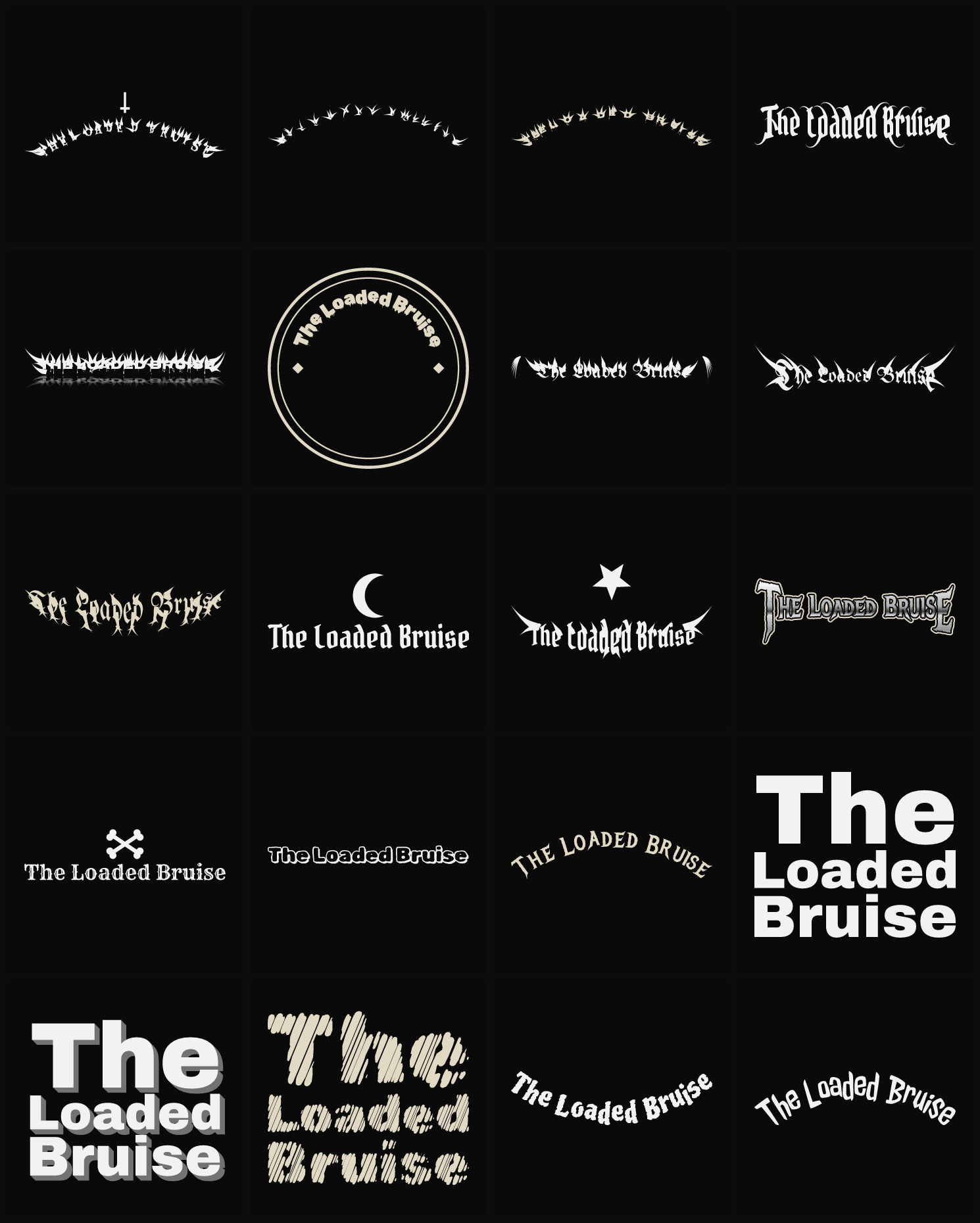 Twenty The Loaded Bruise band logo ideas — different faces, treatments and spike settings