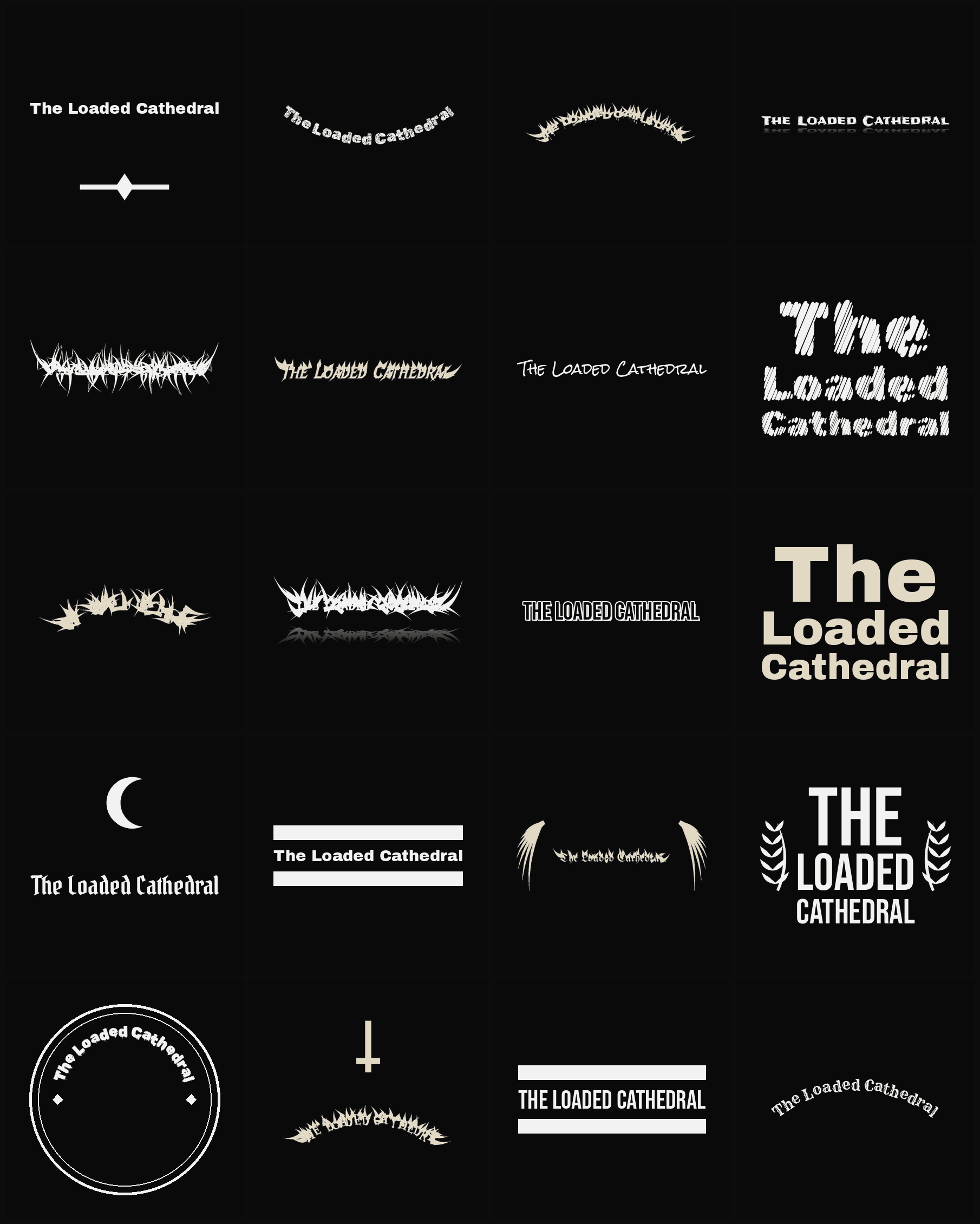 Twenty The Loaded Cathedral band logo ideas — different faces, treatments and spike settings