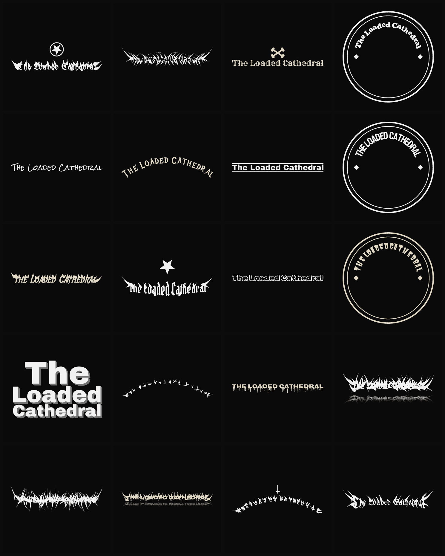 Twenty The Loaded Cathedral band logo ideas — different faces, treatments and spike settings