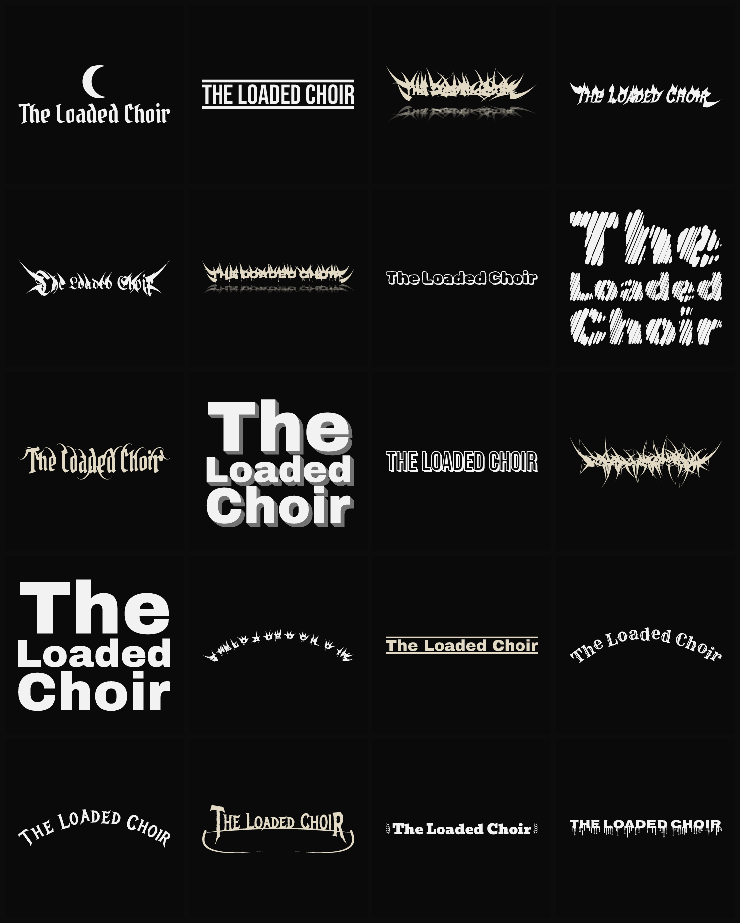 Twenty The Loaded Choir band logo ideas — different faces, treatments and spike settings