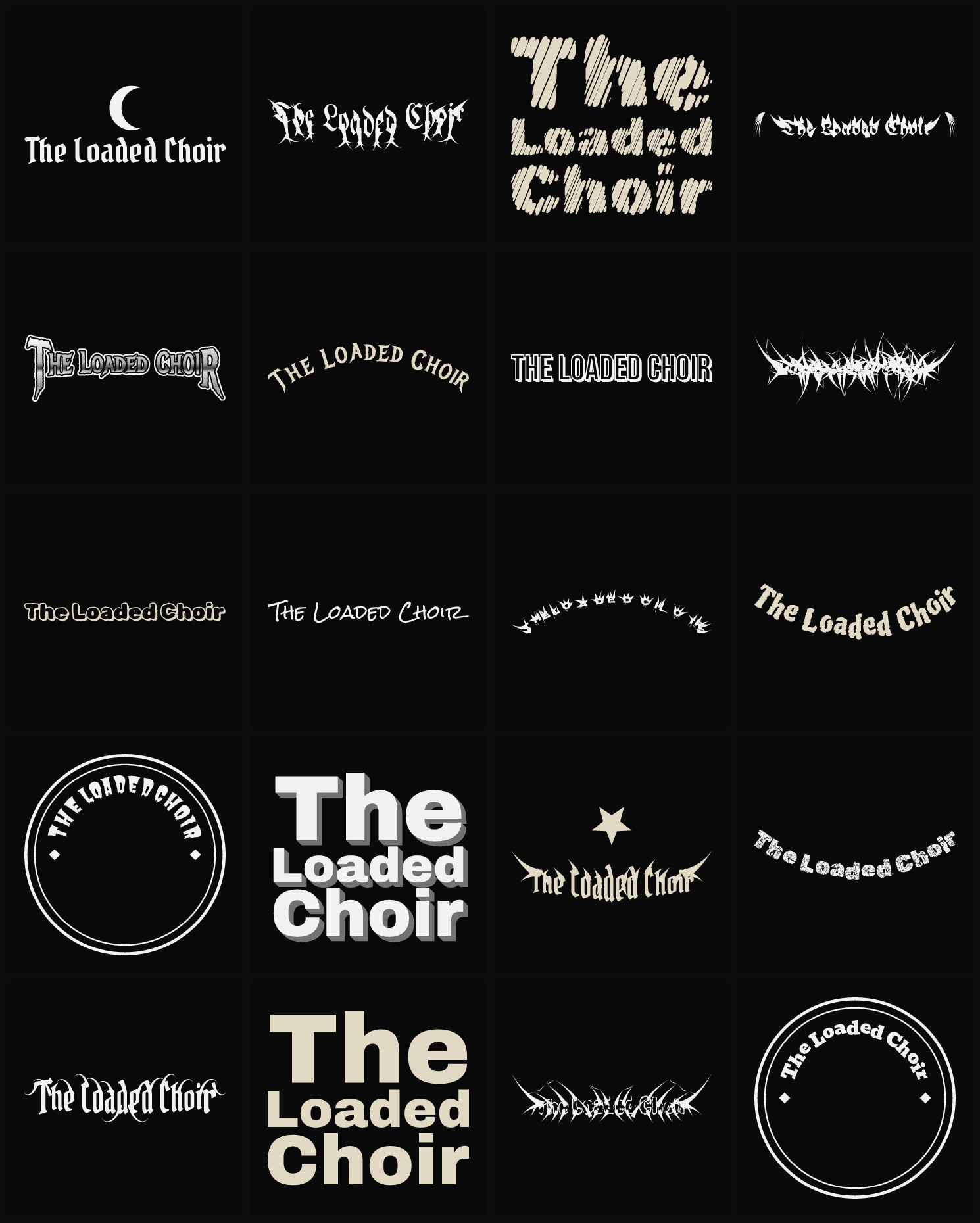 Twenty The Loaded Choir band logo ideas — different faces, treatments and spike settings