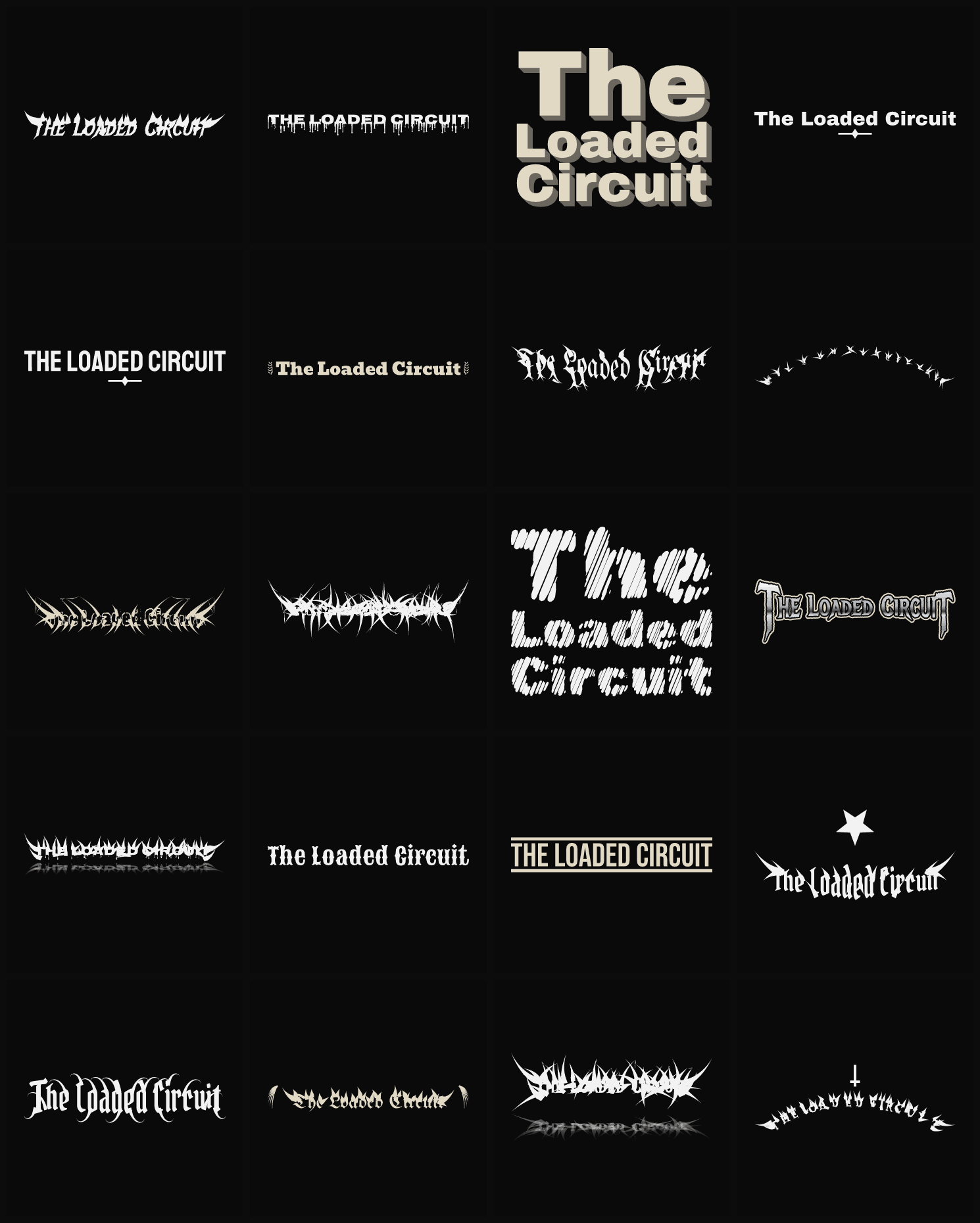 Twenty The Loaded Circuit band logo ideas — different faces, treatments and spike settings