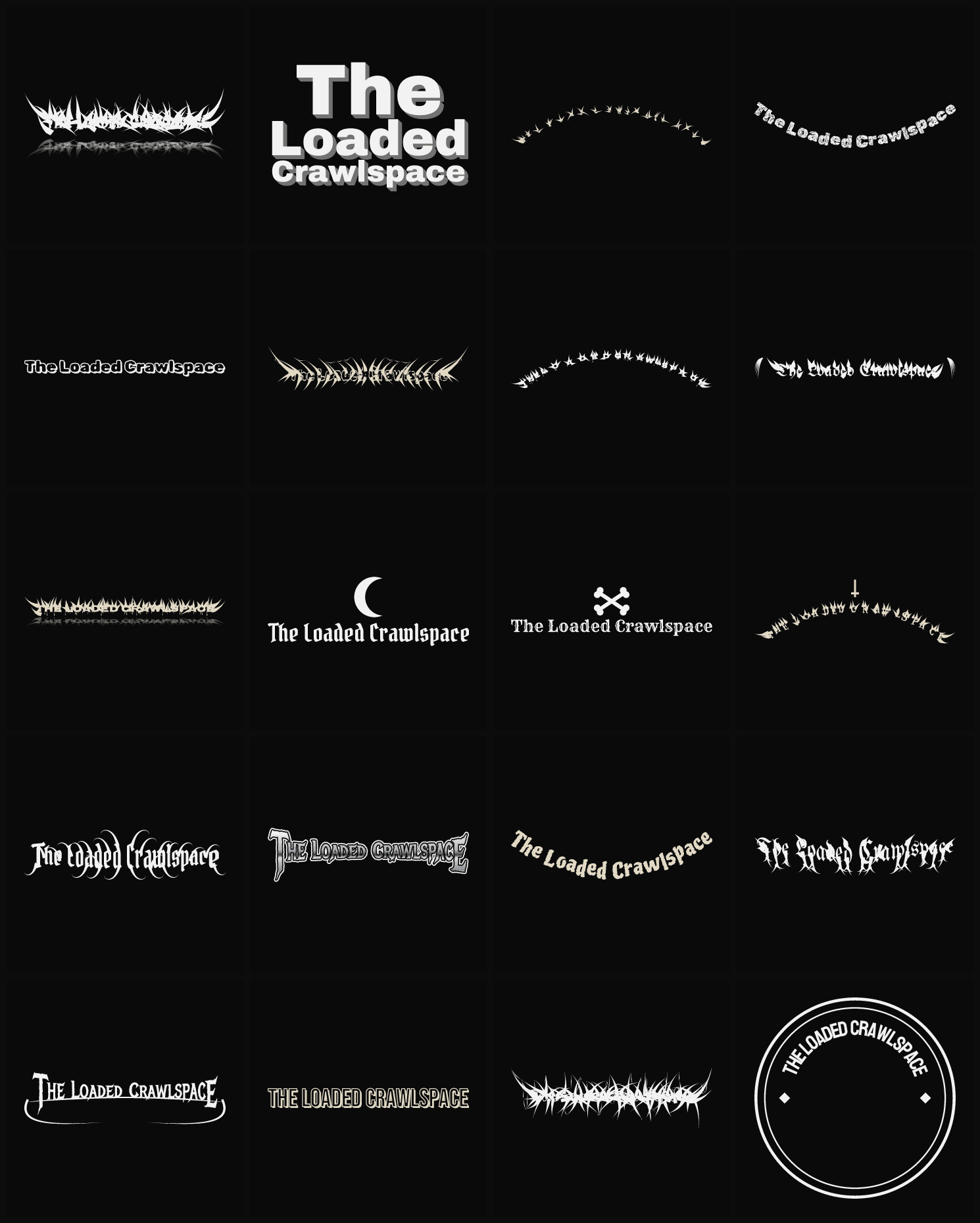 Twenty The Loaded Crawlspace band logo ideas — different faces, treatments and spike settings
