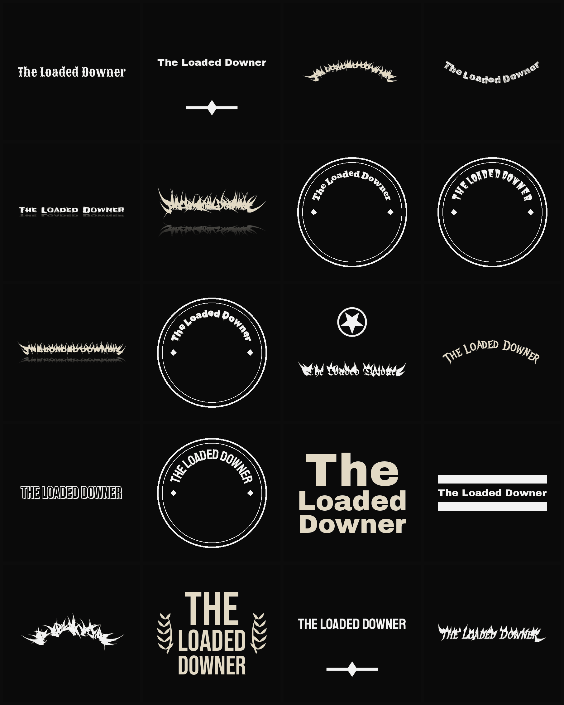 Twenty The Loaded Downer band logo ideas — different faces, treatments and spike settings