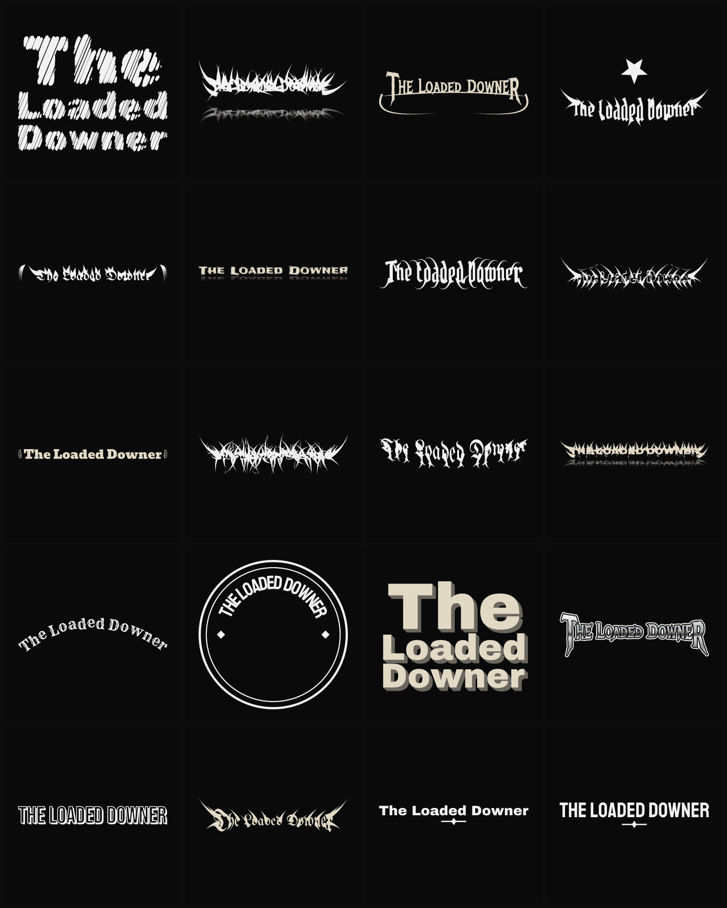 Twenty The Loaded Downer band logo ideas — different faces, treatments and spike settings