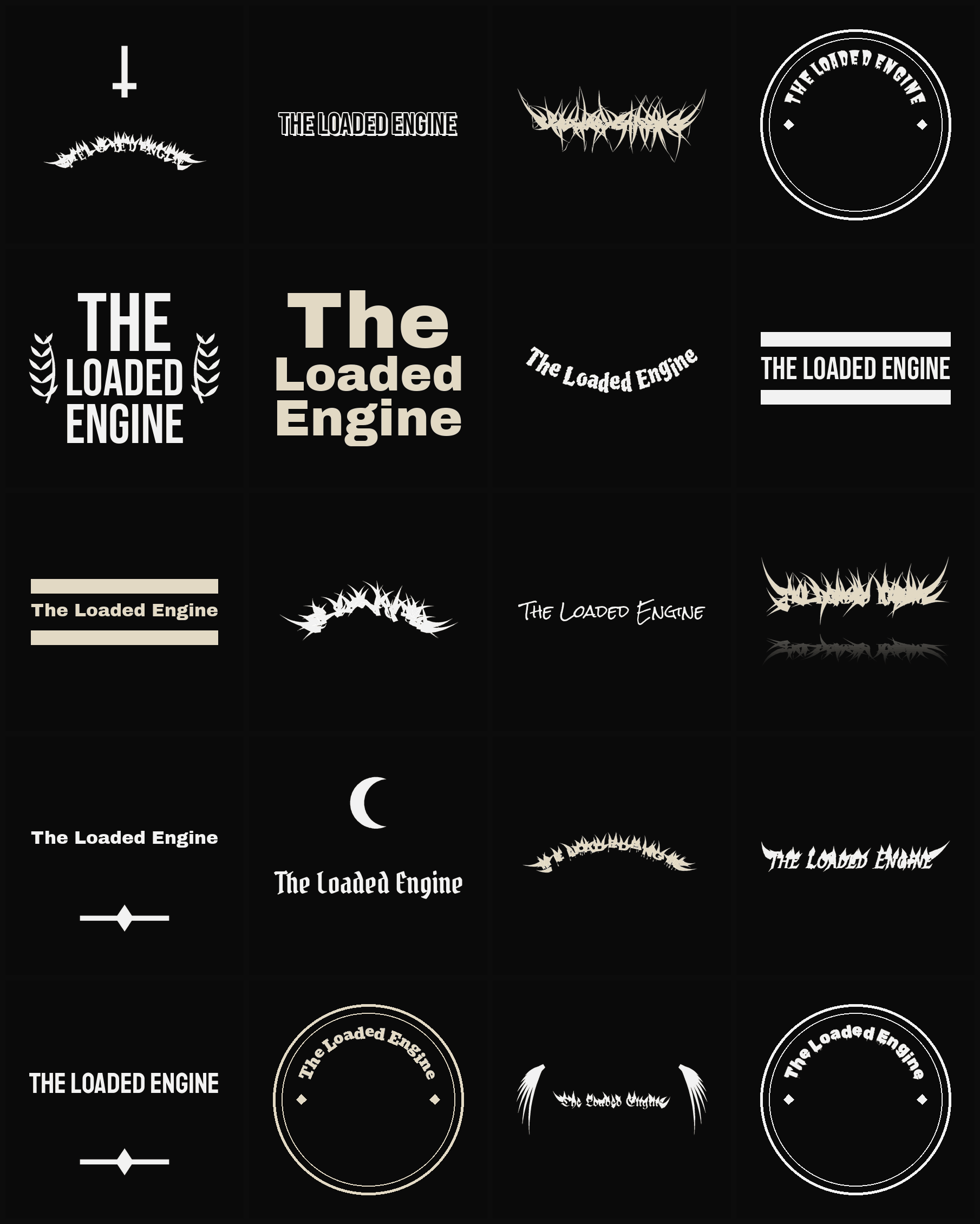 Twenty The Loaded Engine band logo ideas — different faces, treatments and spike settings