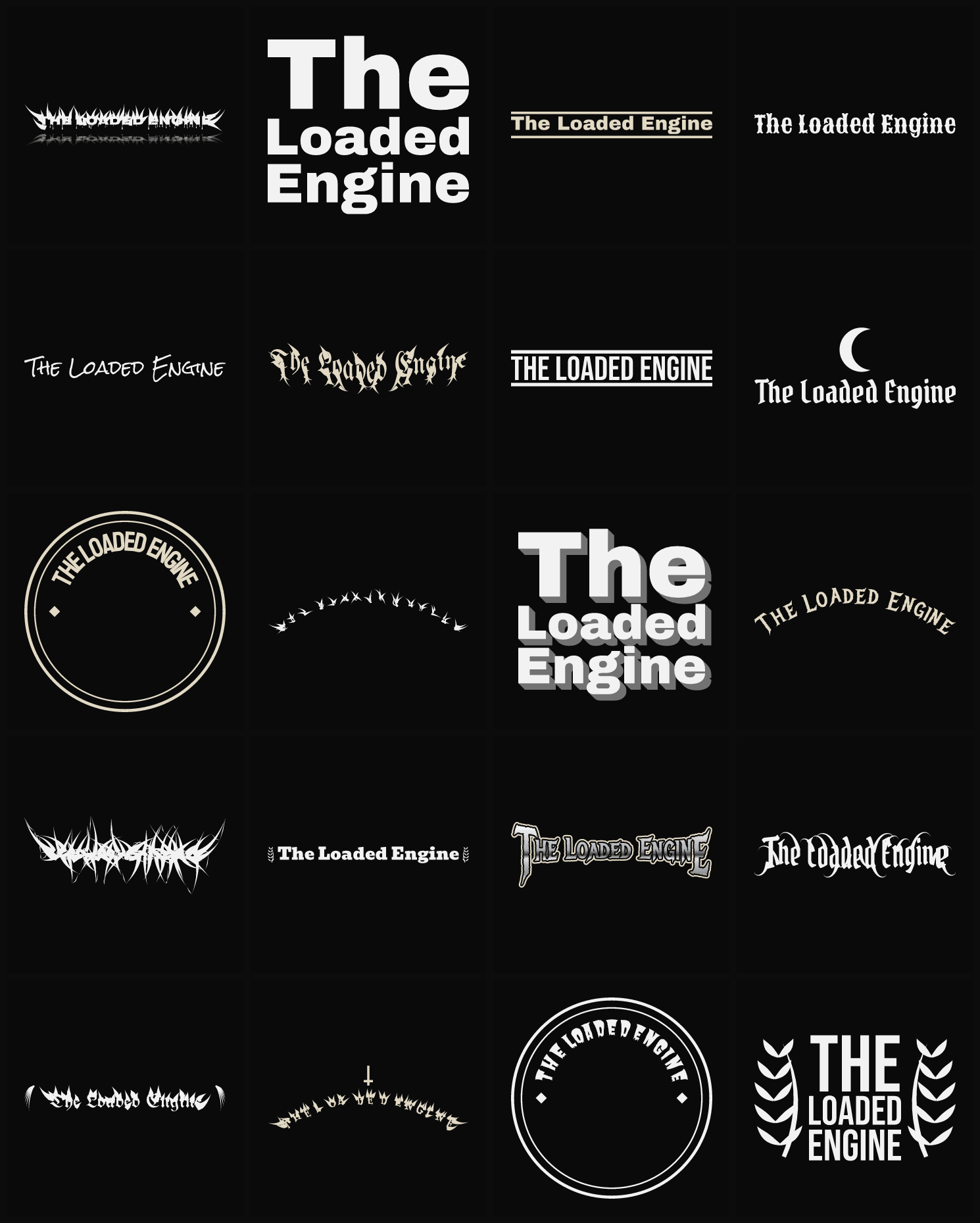Twenty The Loaded Engine band logo ideas — different faces, treatments and spike settings