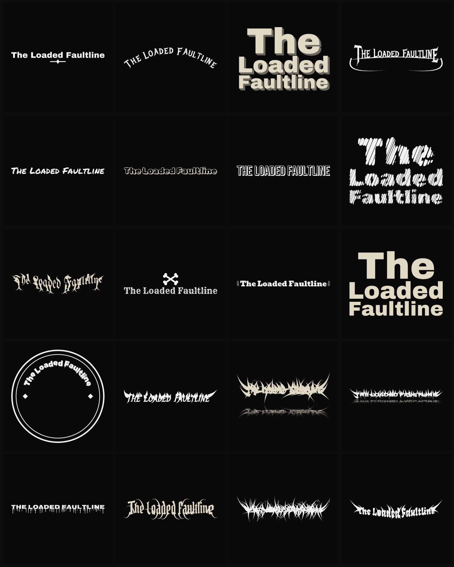 Twenty The Loaded Faultline band logo ideas — different faces, treatments and spike settings