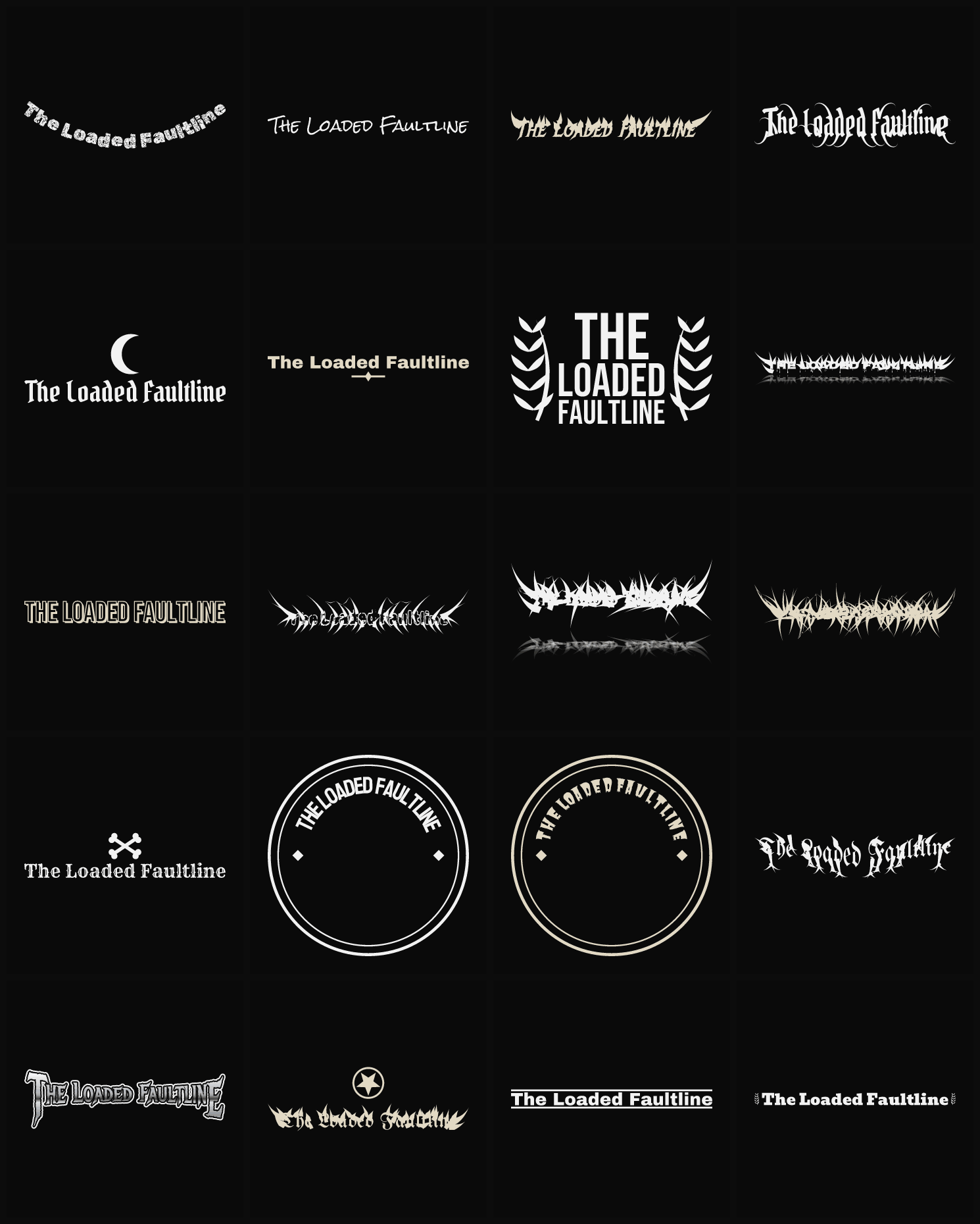 Twenty The Loaded Faultline band logo ideas — different faces, treatments and spike settings