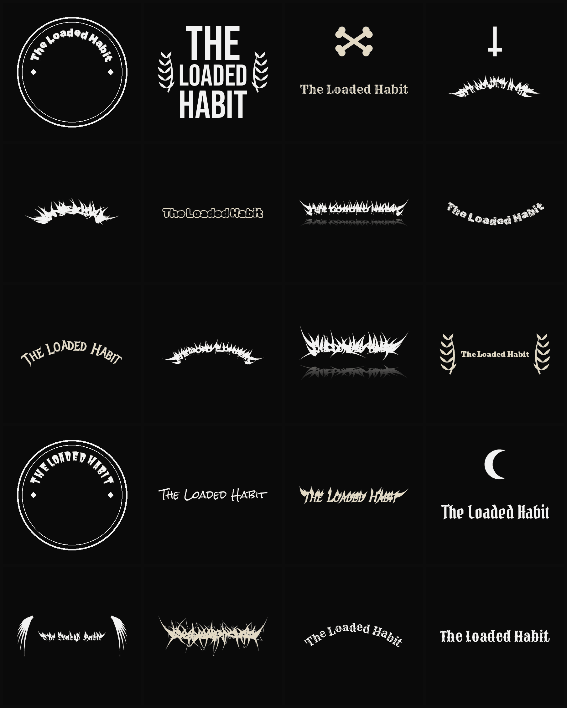 Twenty The Loaded Habit band logo ideas — different faces, treatments and spike settings
