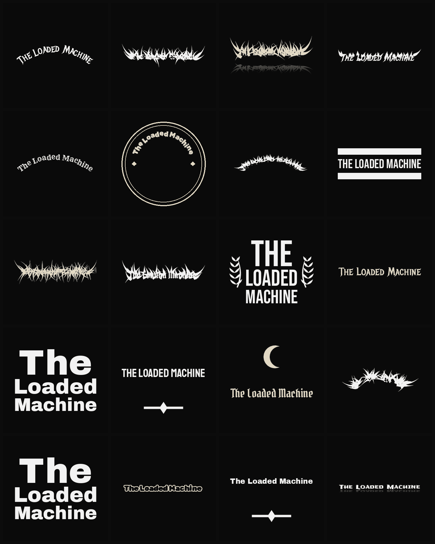 Twenty The Loaded Machine band logo ideas — different faces, treatments and spike settings