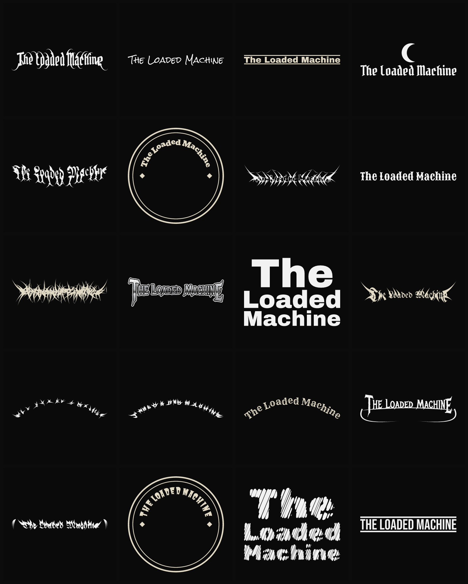 Twenty The Loaded Machine band logo ideas — different faces, treatments and spike settings