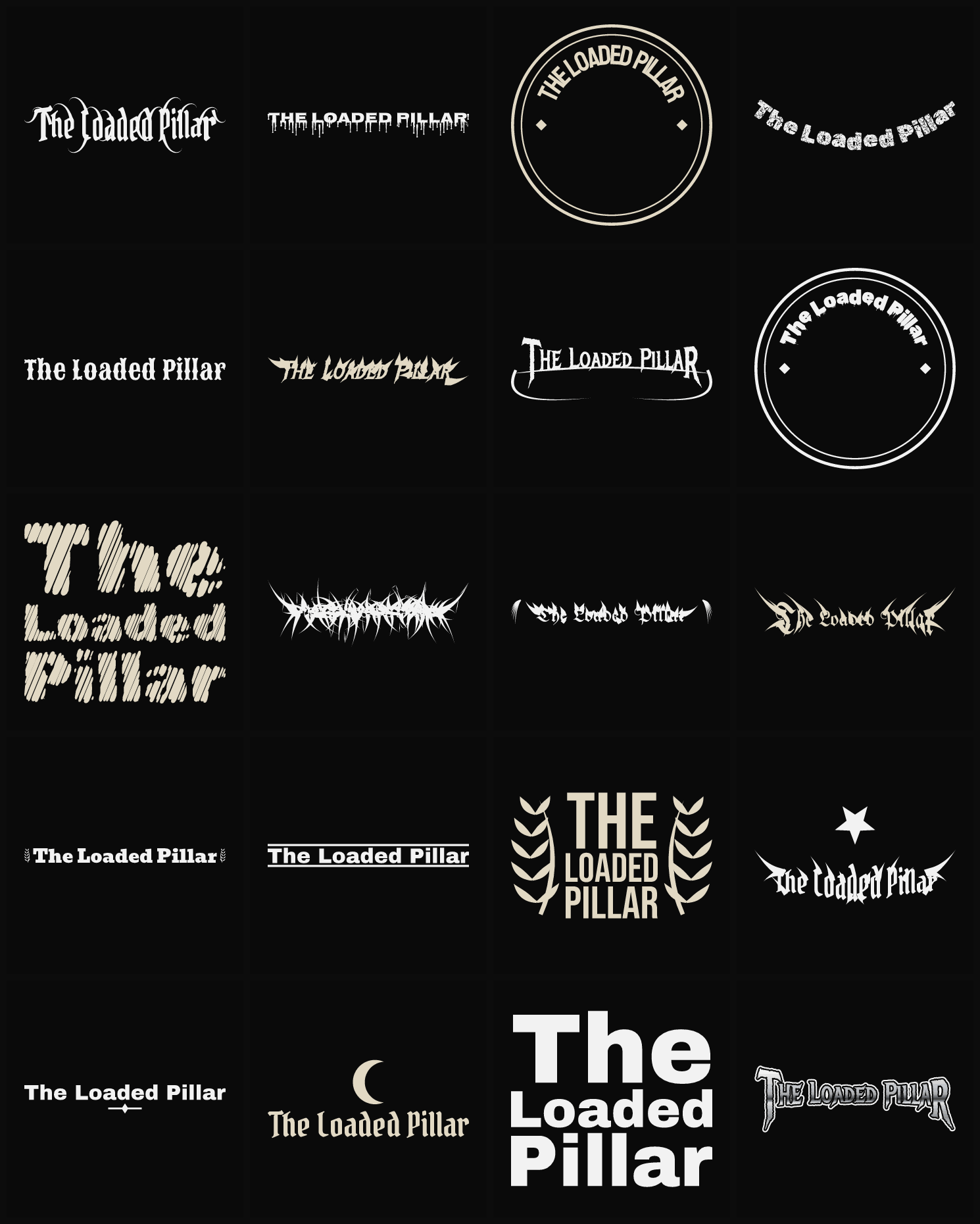 Twenty The Loaded Pillar band logo ideas — different faces, treatments and spike settings