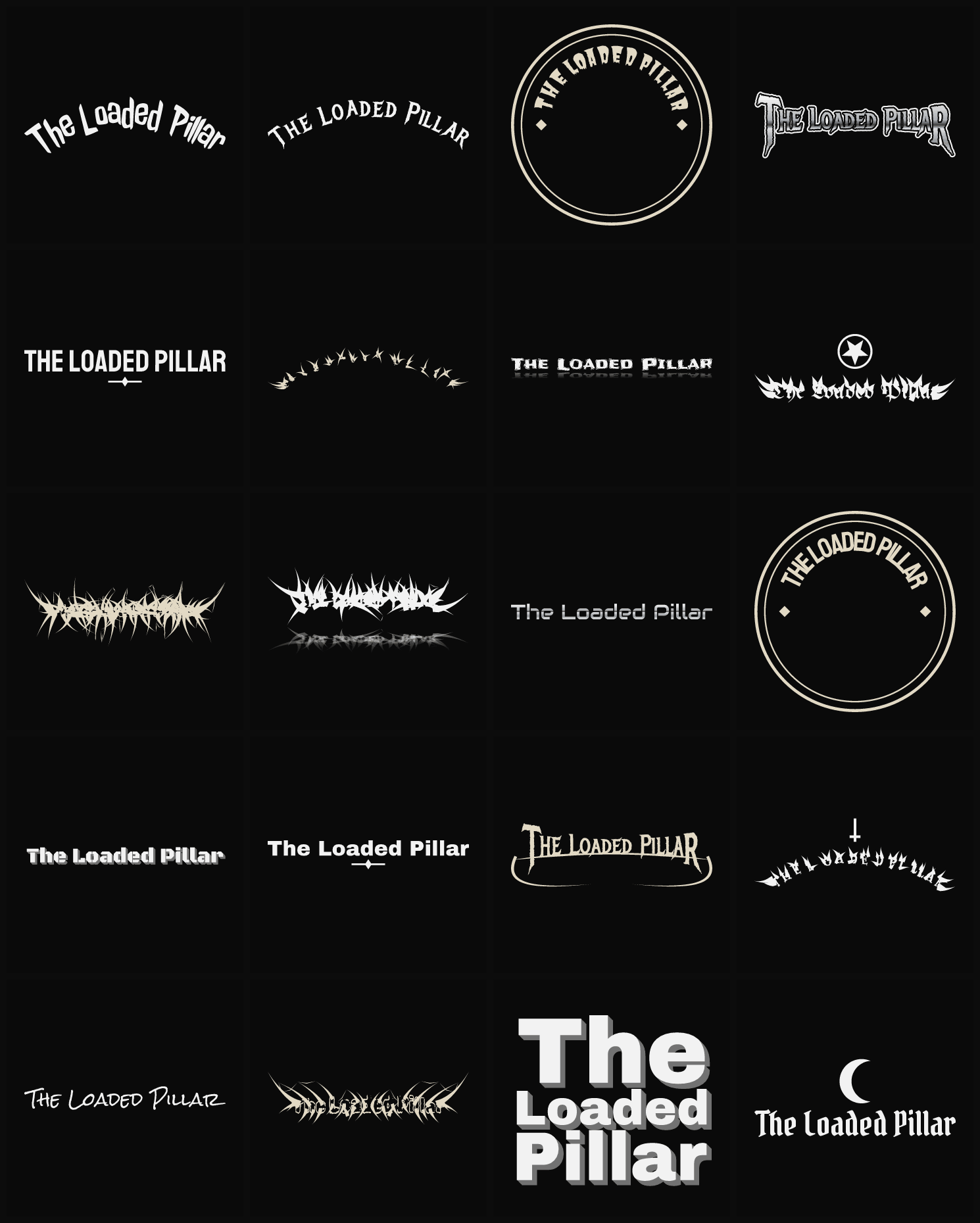Twenty The Loaded Pillar band logo ideas — different faces, treatments and spike settings