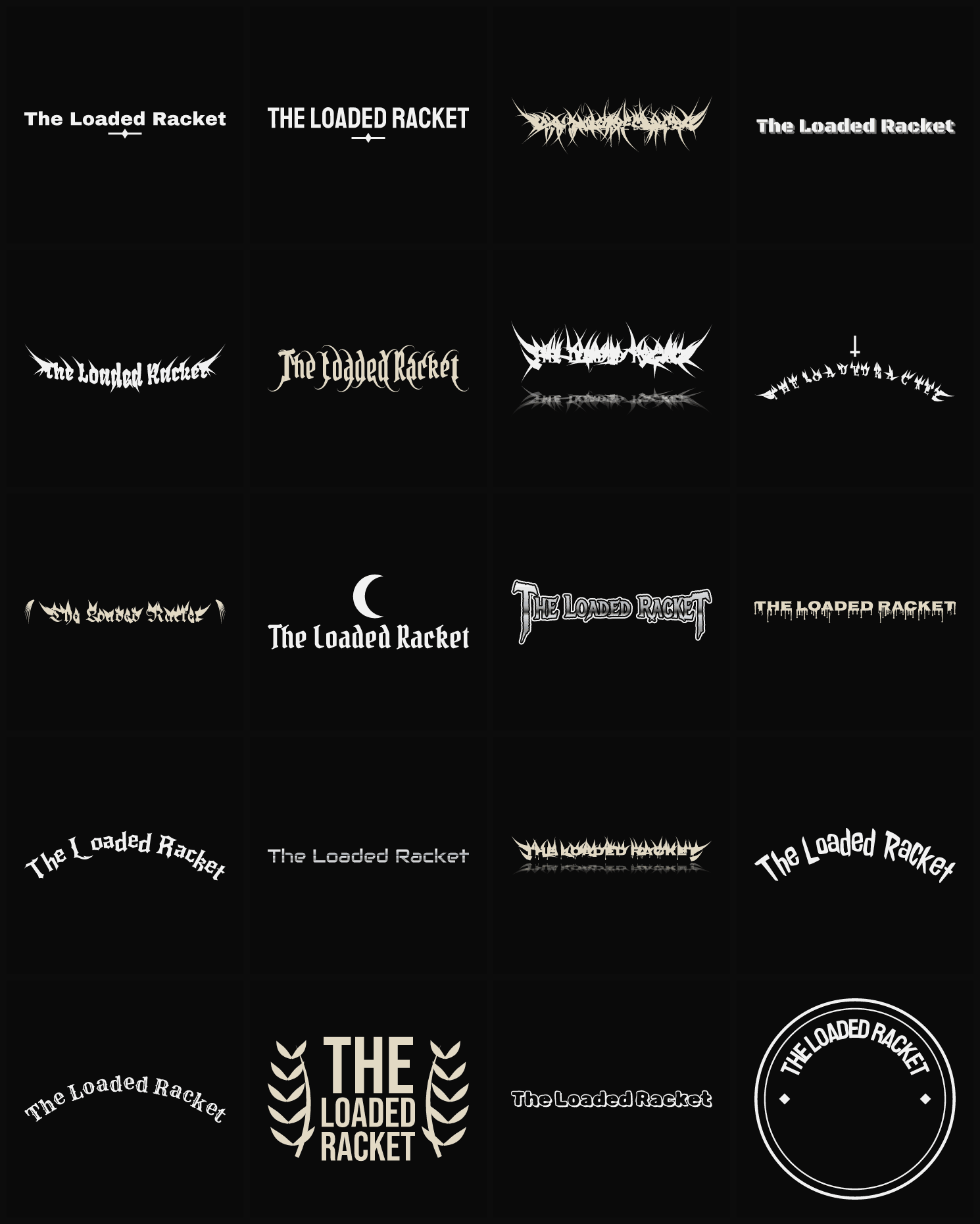 Twenty The Loaded Racket band logo ideas — different faces, treatments and spike settings