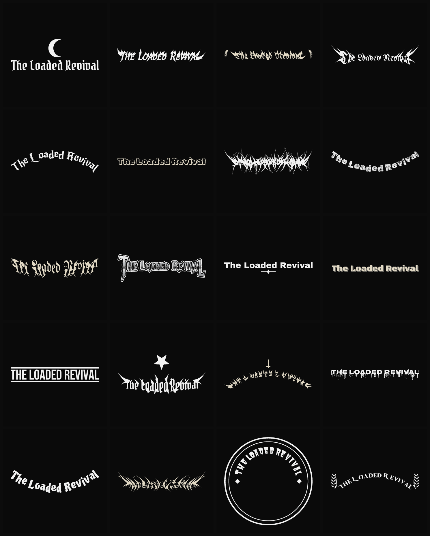Twenty The Loaded Revival band logo ideas — different faces, treatments and spike settings