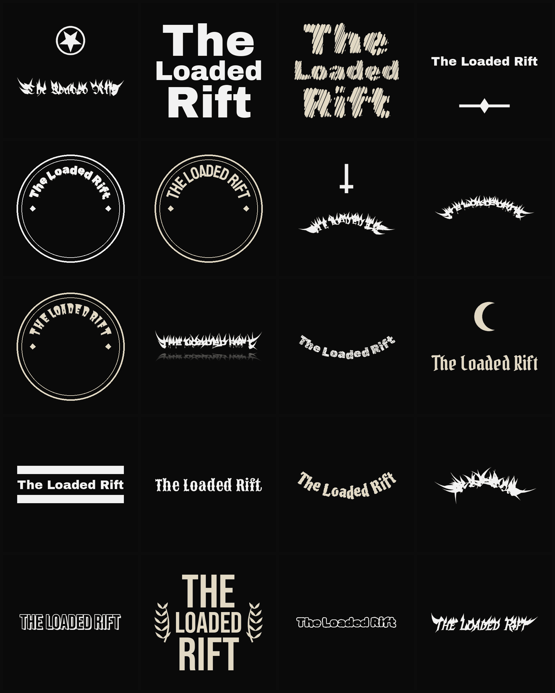 Twenty The Loaded Rift band logo ideas — different faces, treatments and spike settings