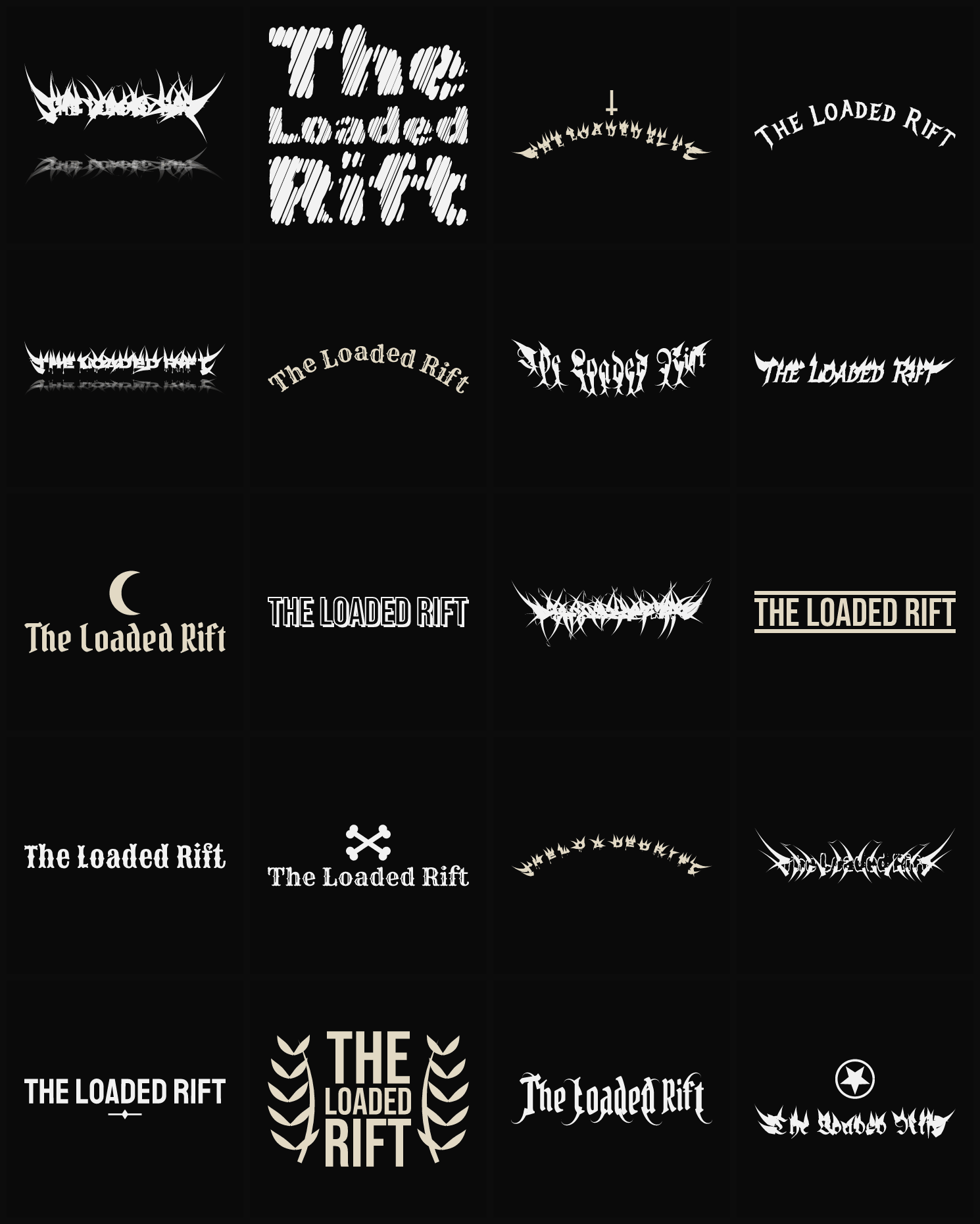 Twenty The Loaded Rift band logo ideas — different faces, treatments and spike settings