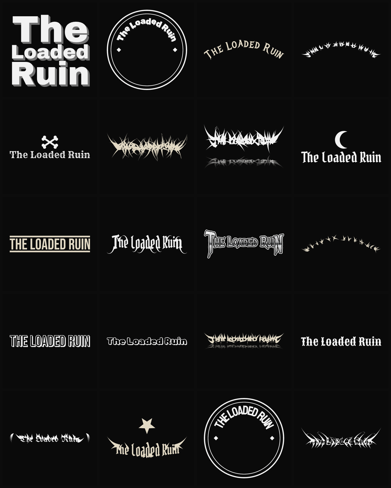 Twenty The Loaded Ruin band logo ideas — different faces, treatments and spike settings