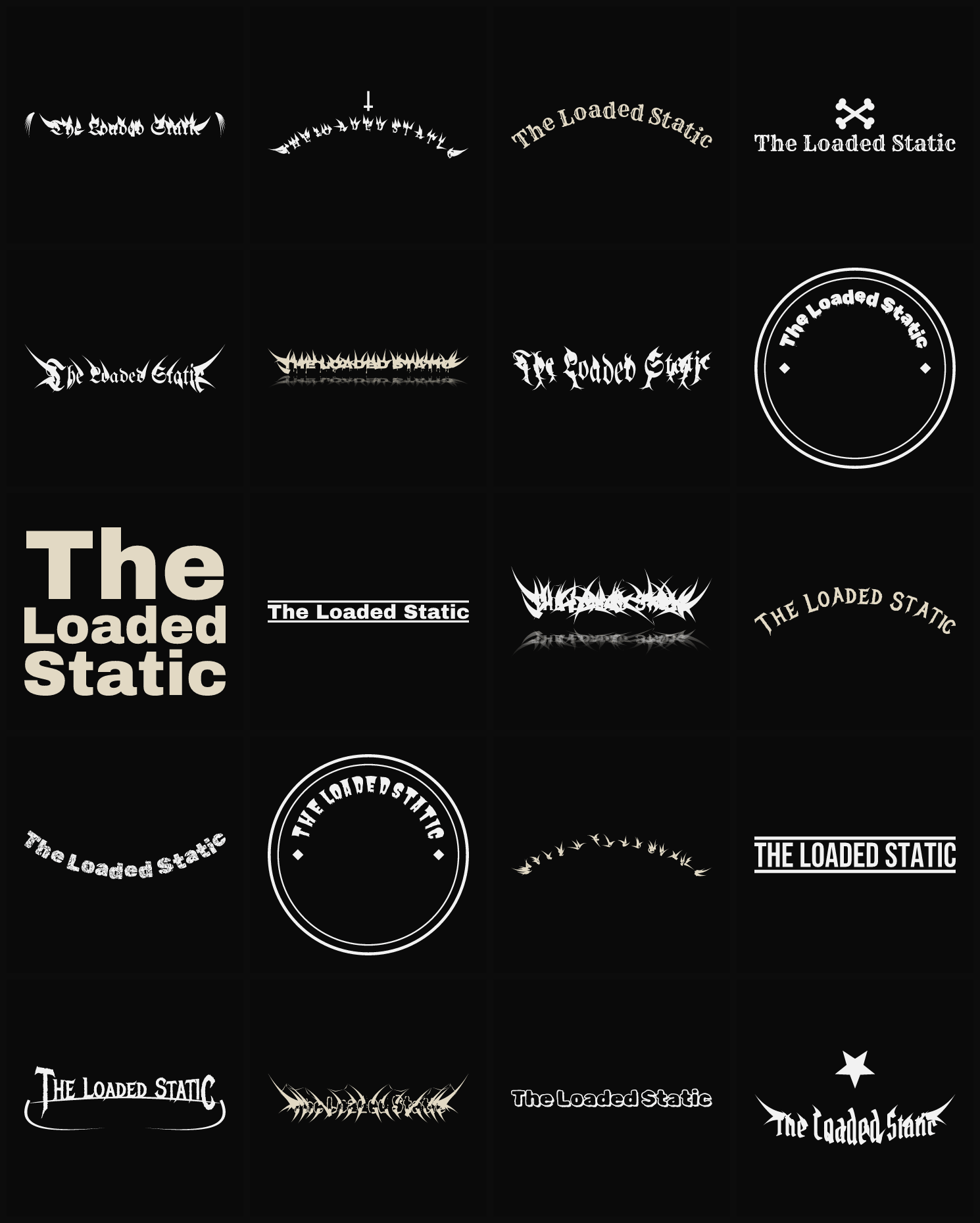 Twenty The Loaded Static band logo ideas — different faces, treatments and spike settings