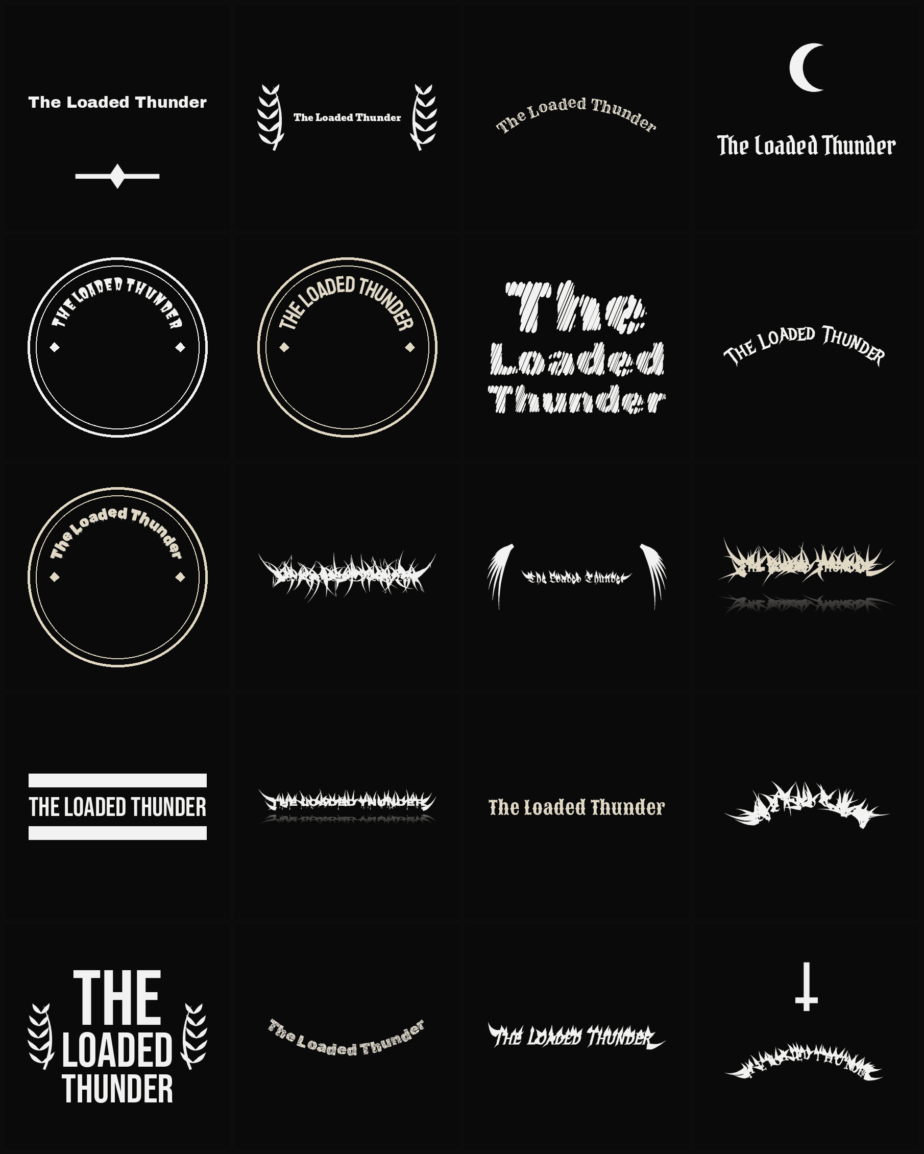 Twenty The Loaded Thunder band logo ideas — different faces, treatments and spike settings