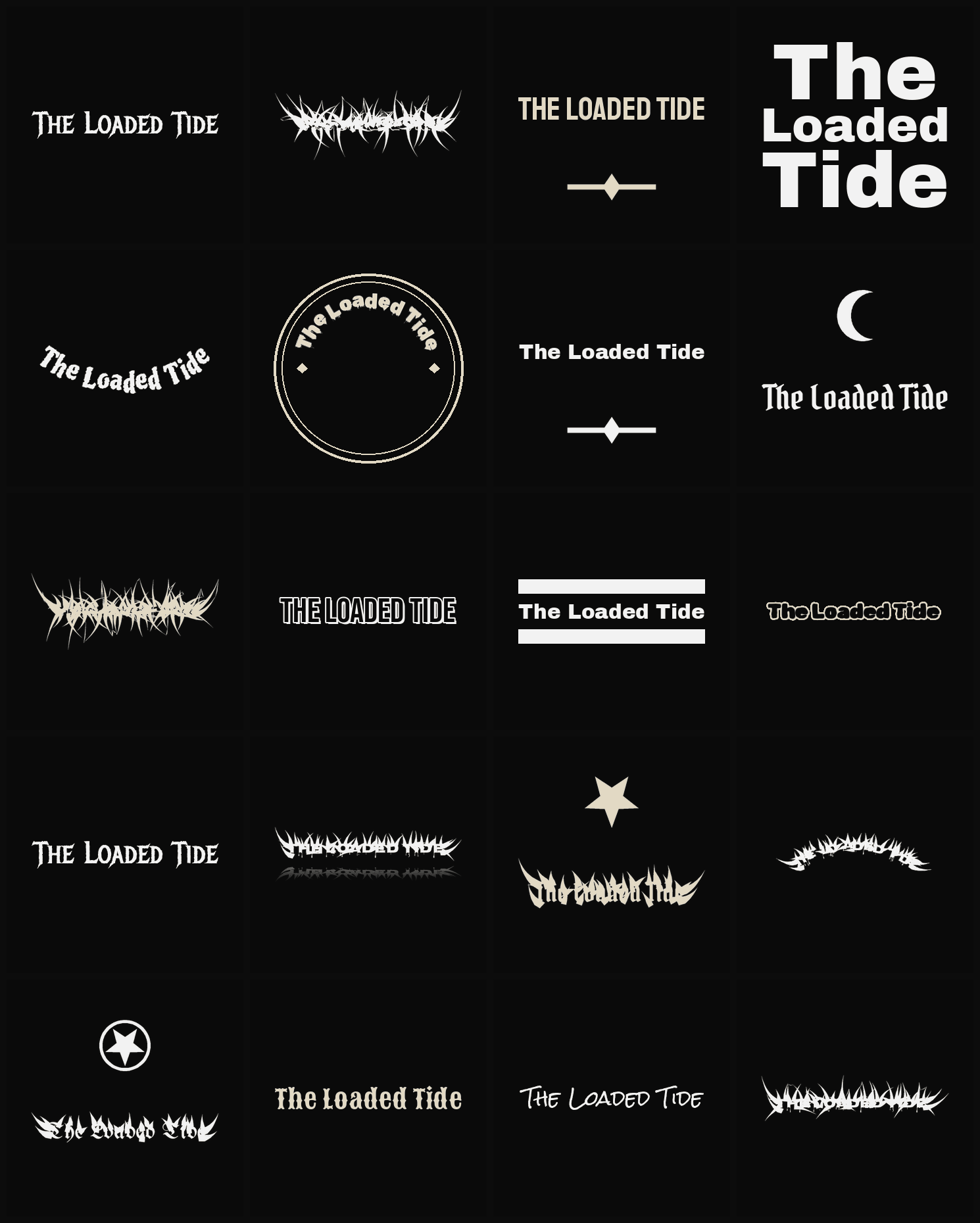 Twenty The Loaded Tide band logo ideas — different faces, treatments and spike settings