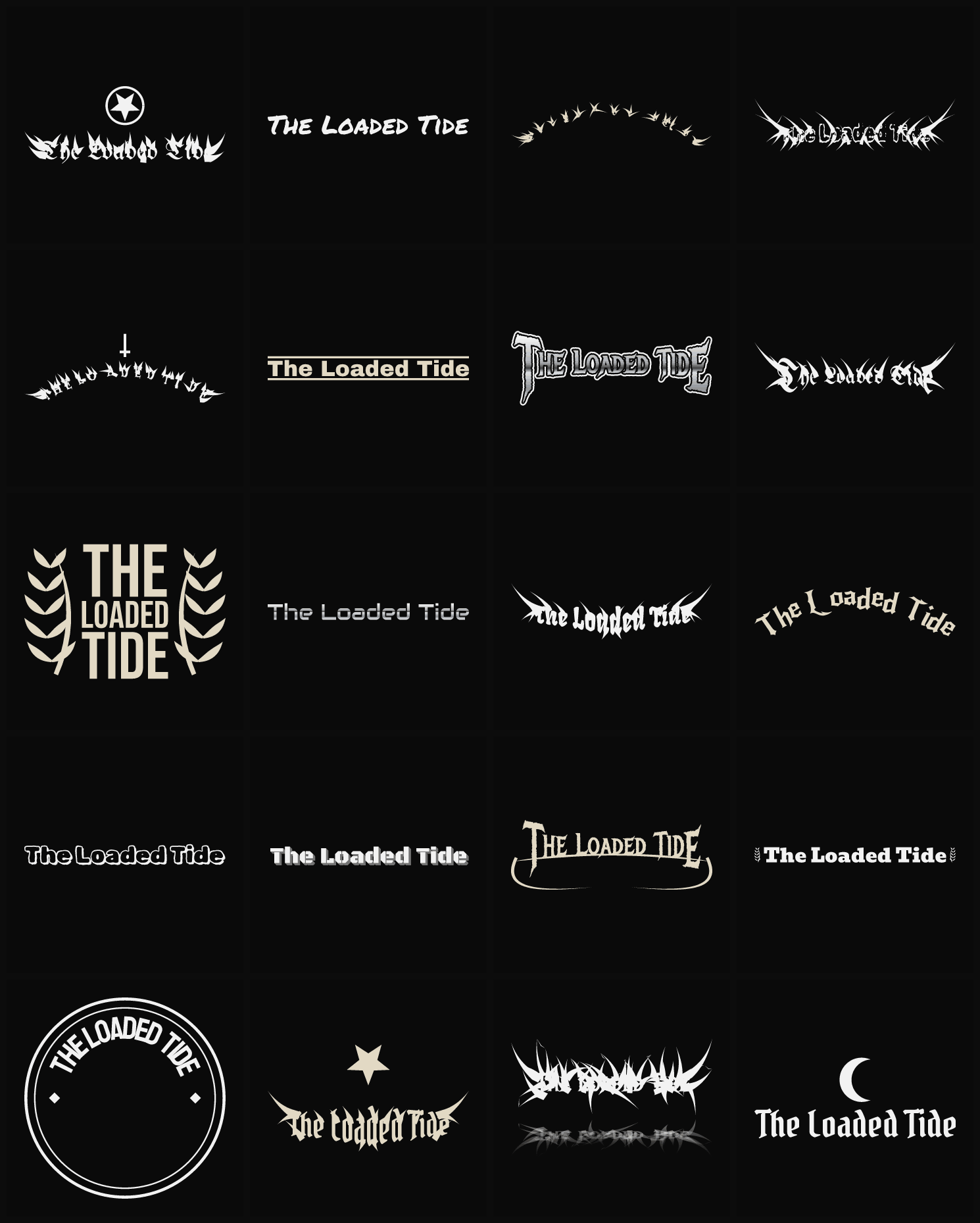 Twenty The Loaded Tide band logo ideas — different faces, treatments and spike settings
