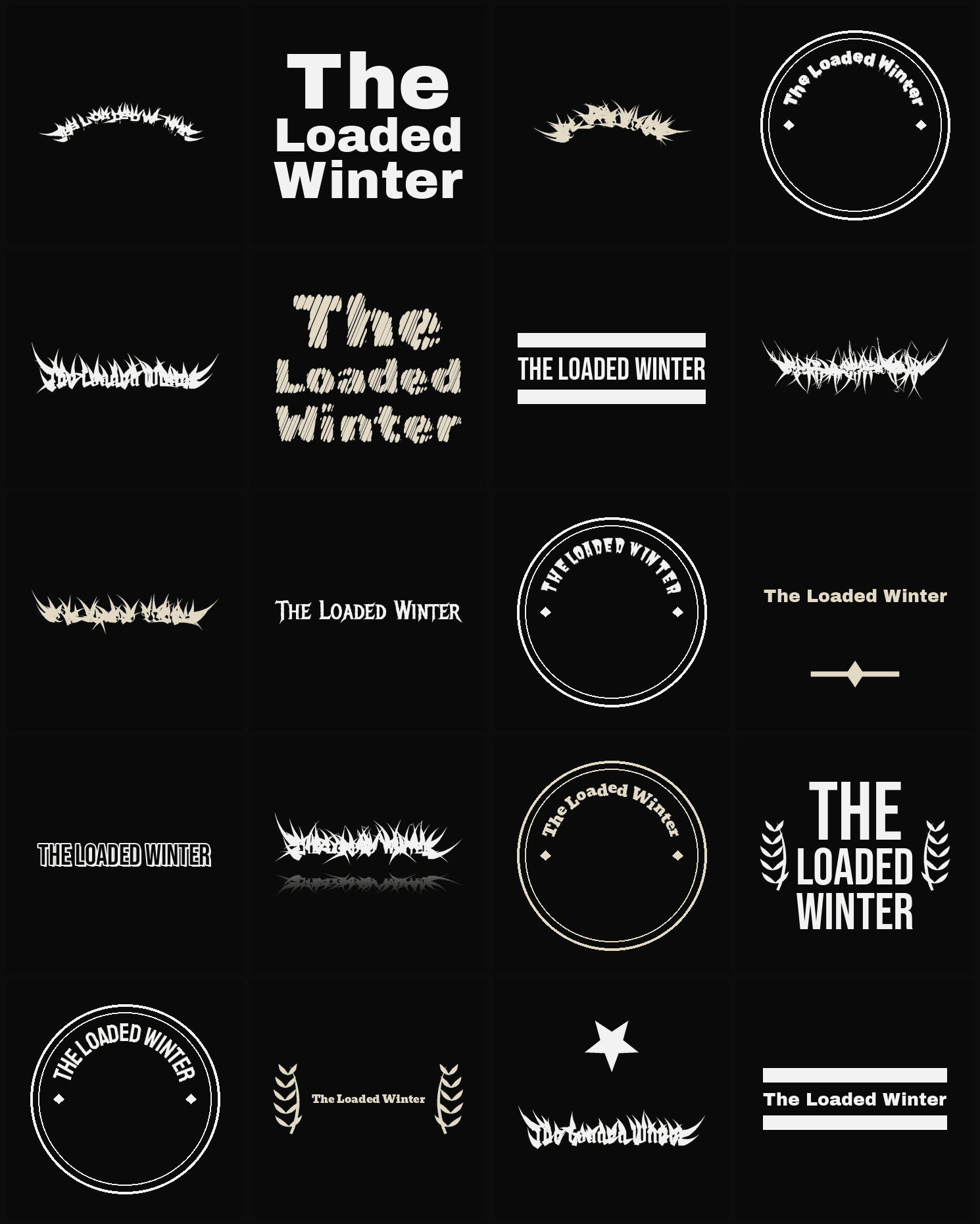 Twenty The Loaded Winter band logo ideas — different faces, treatments and spike settings