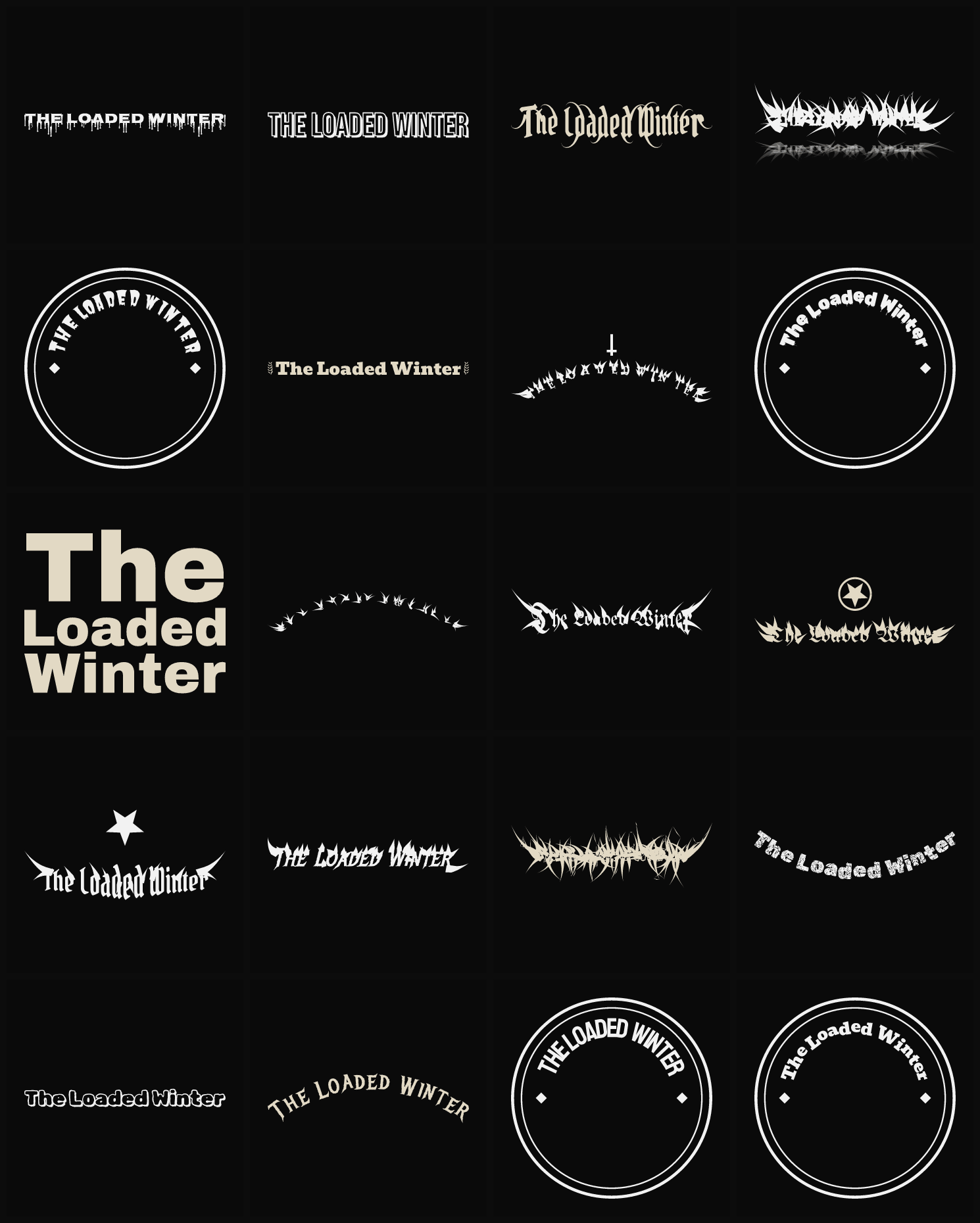 Twenty The Loaded Winter band logo ideas — different faces, treatments and spike settings