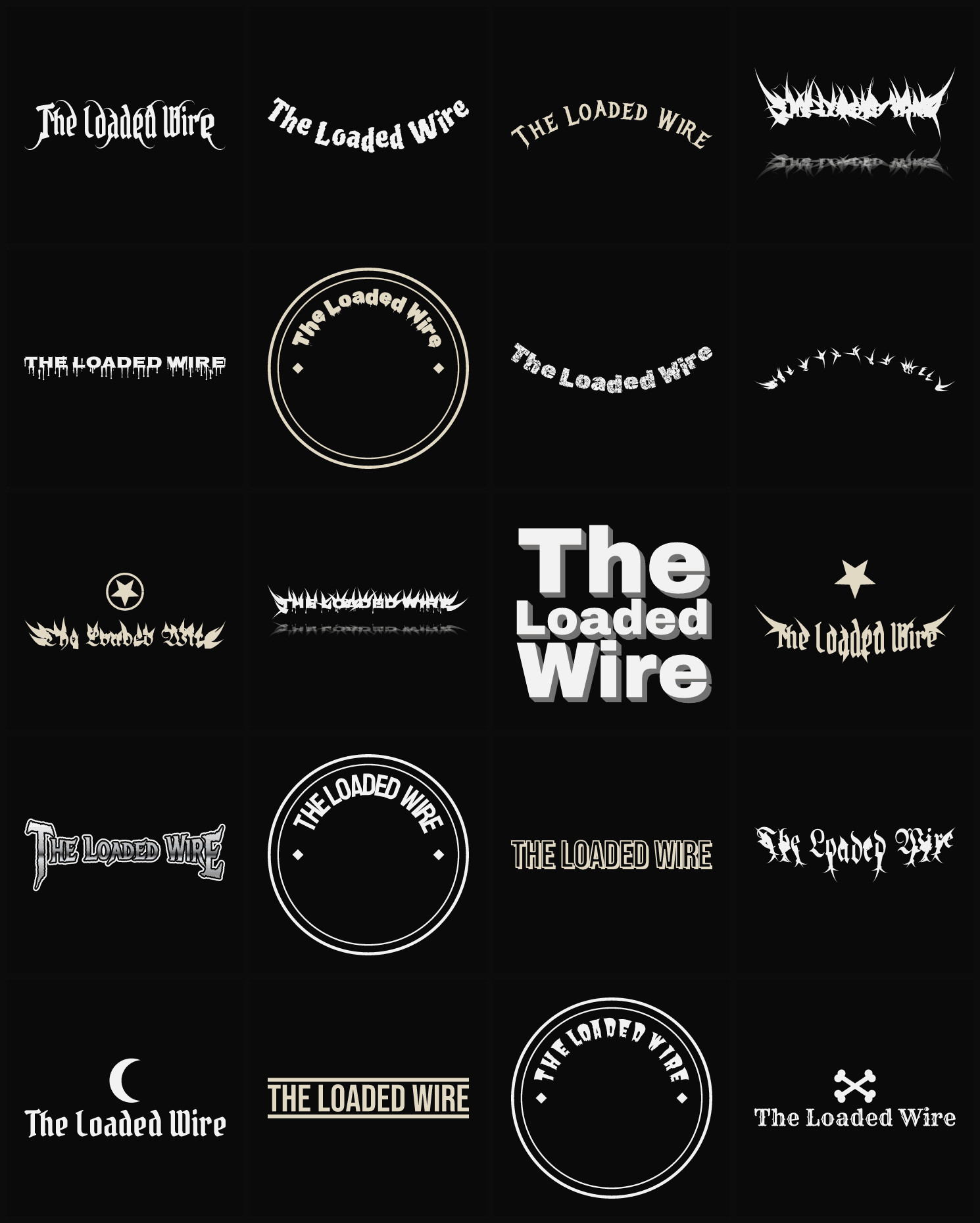 Twenty The Loaded Wire band logo ideas — different faces, treatments and spike settings