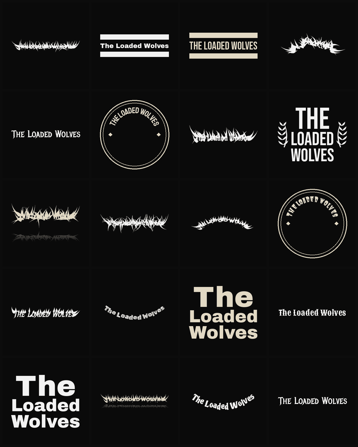 Twenty The Loaded Wolves band logo ideas — different faces, treatments and spike settings