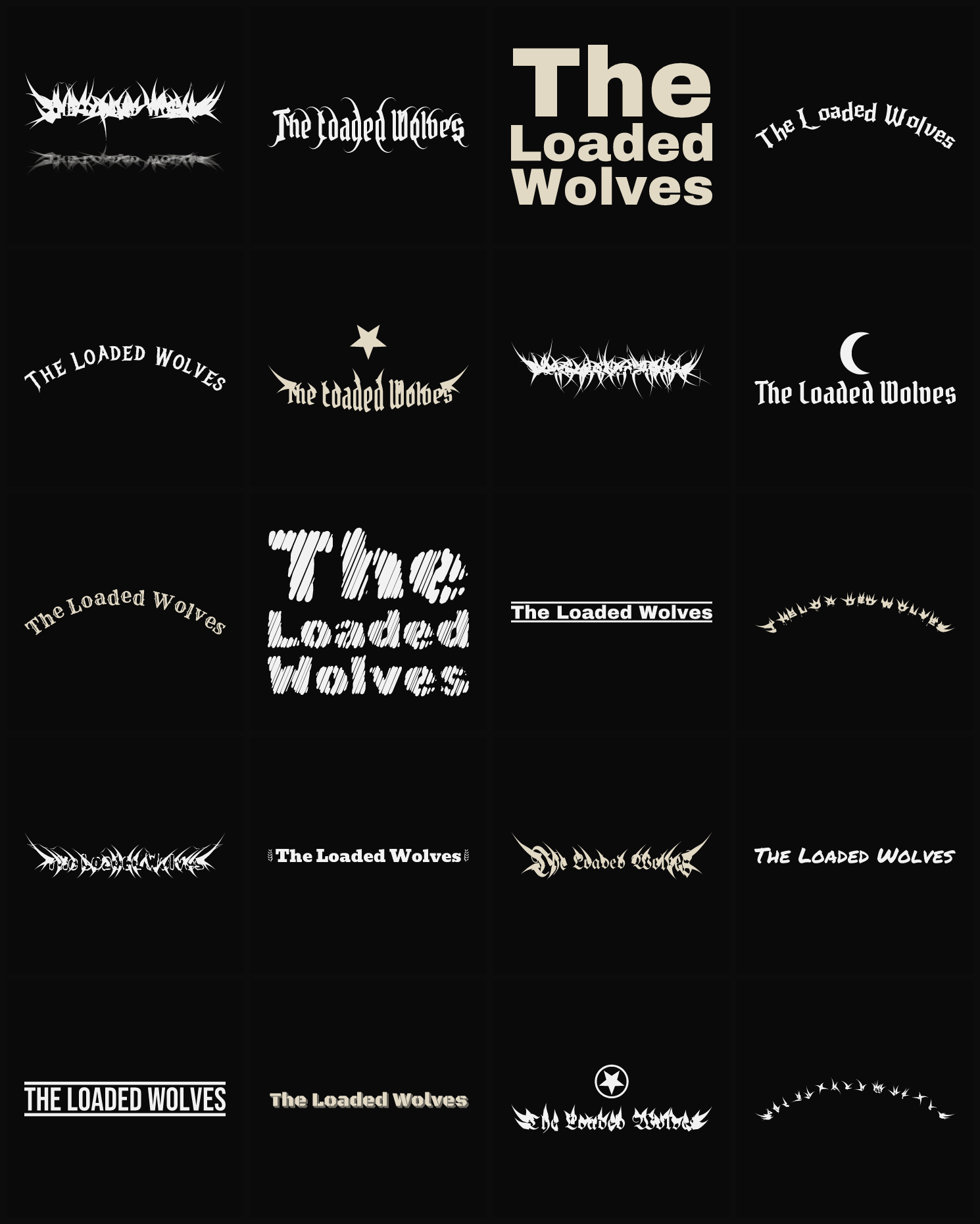 Twenty The Loaded Wolves band logo ideas — different faces, treatments and spike settings