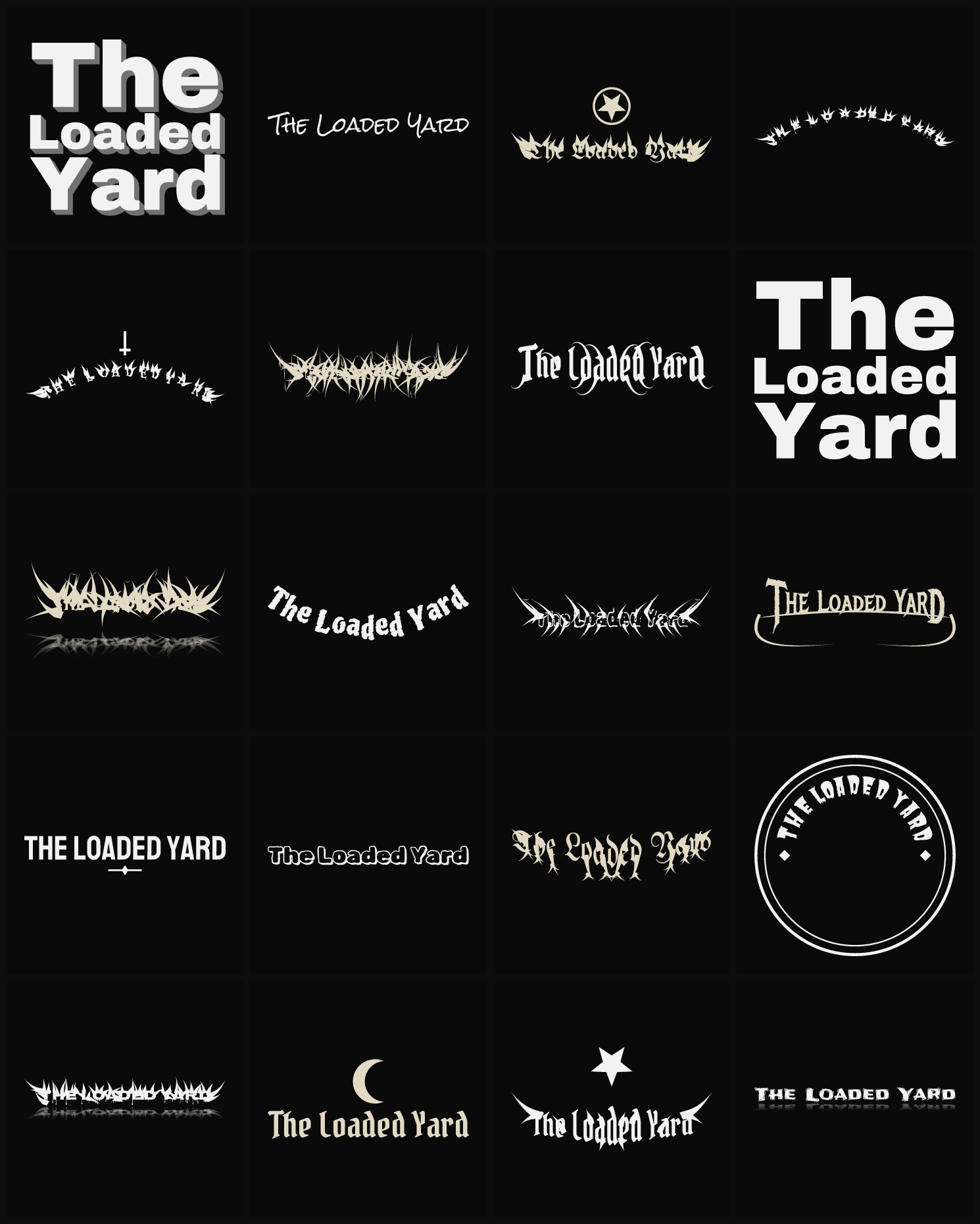 Twenty The Loaded Yard band logo ideas — different faces, treatments and spike settings