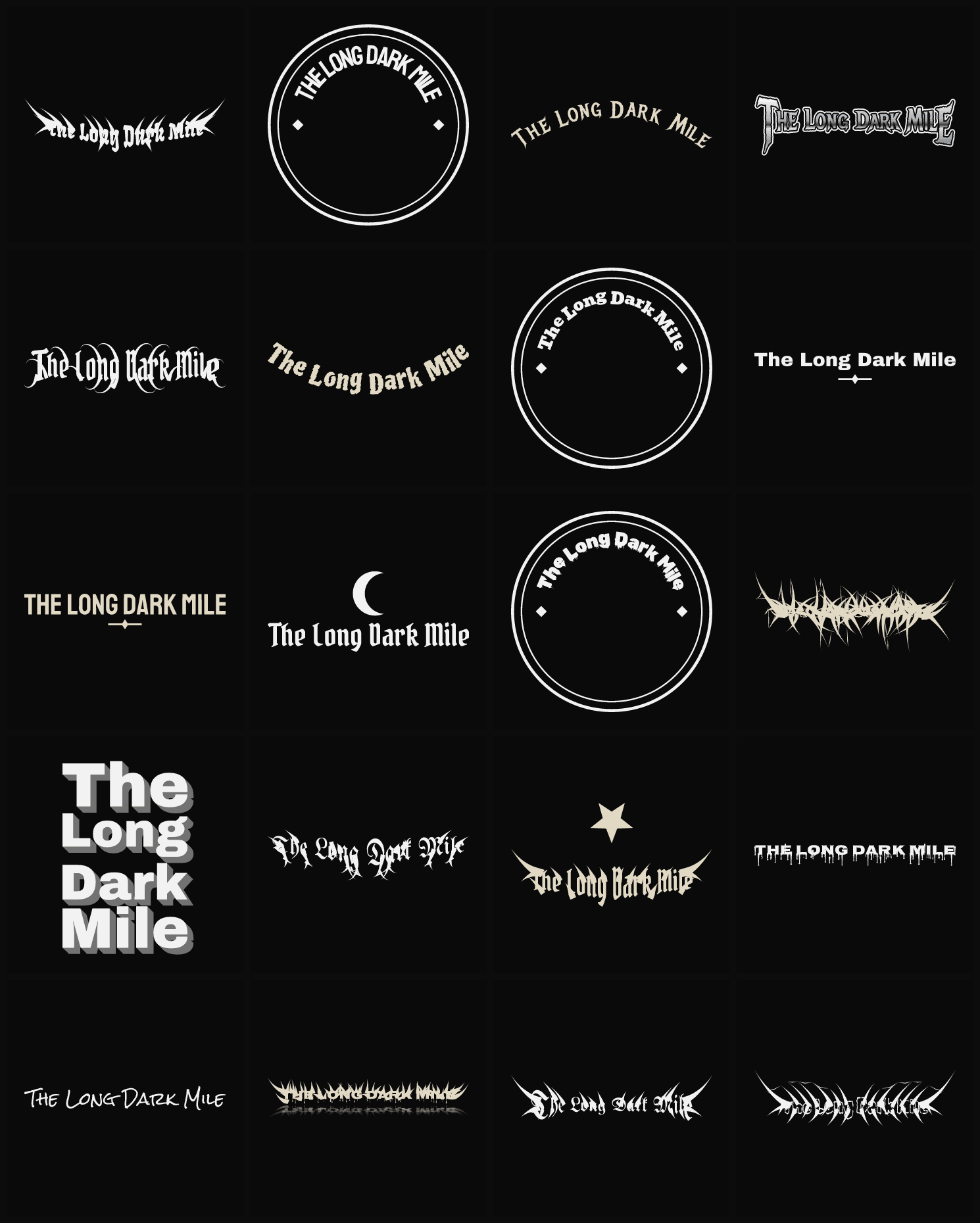 Twenty The Long Dark Mile band logo ideas — different faces, treatments and spike settings