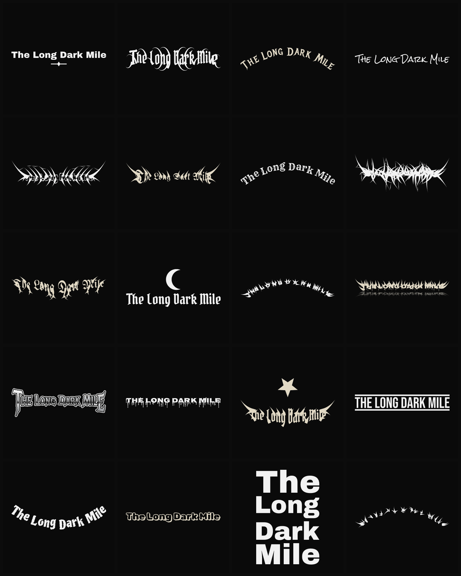 Twenty The Long Dark Mile band logo ideas — different faces, treatments and spike settings