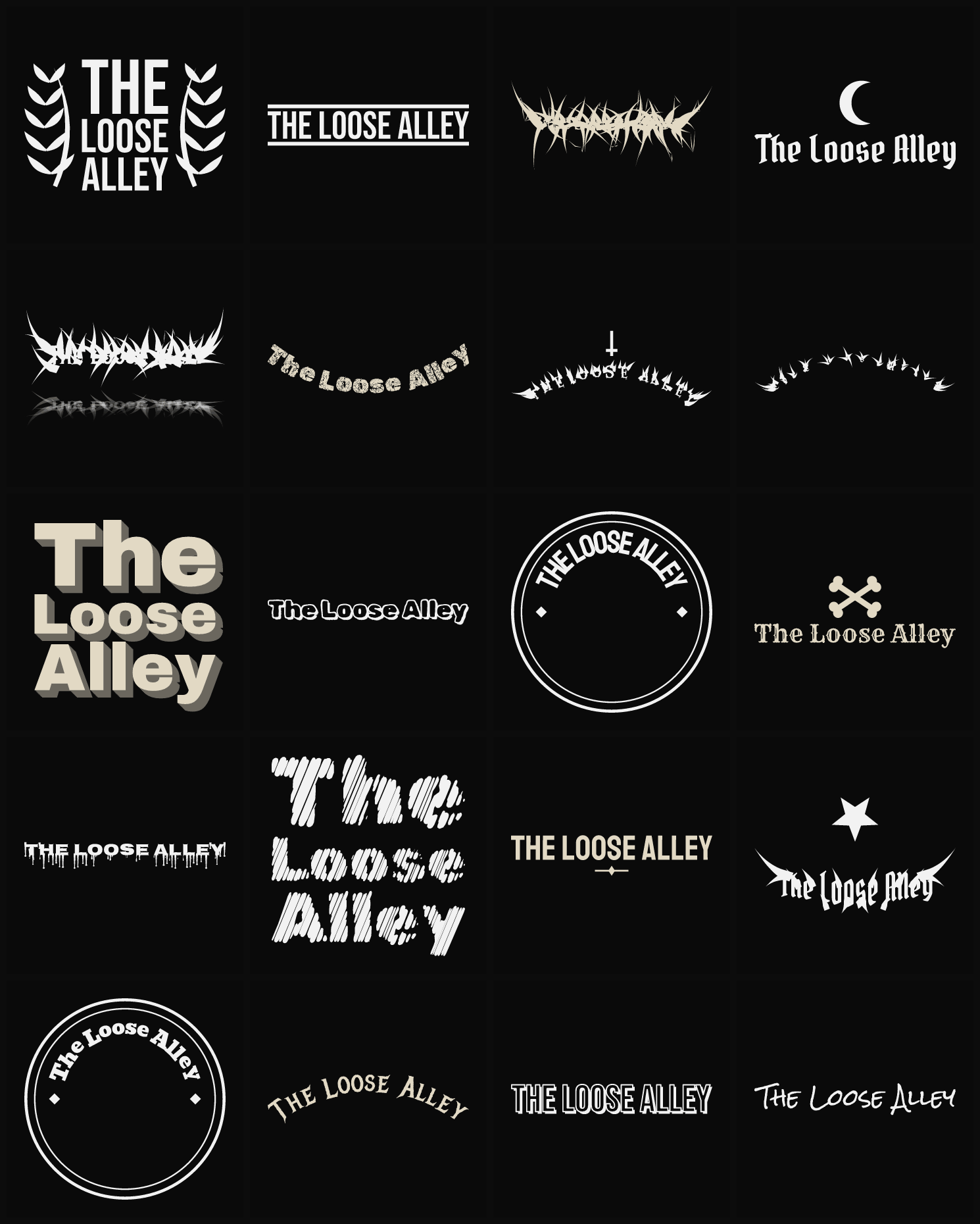 Twenty The Loose Alley band logo ideas — different faces, treatments and spike settings