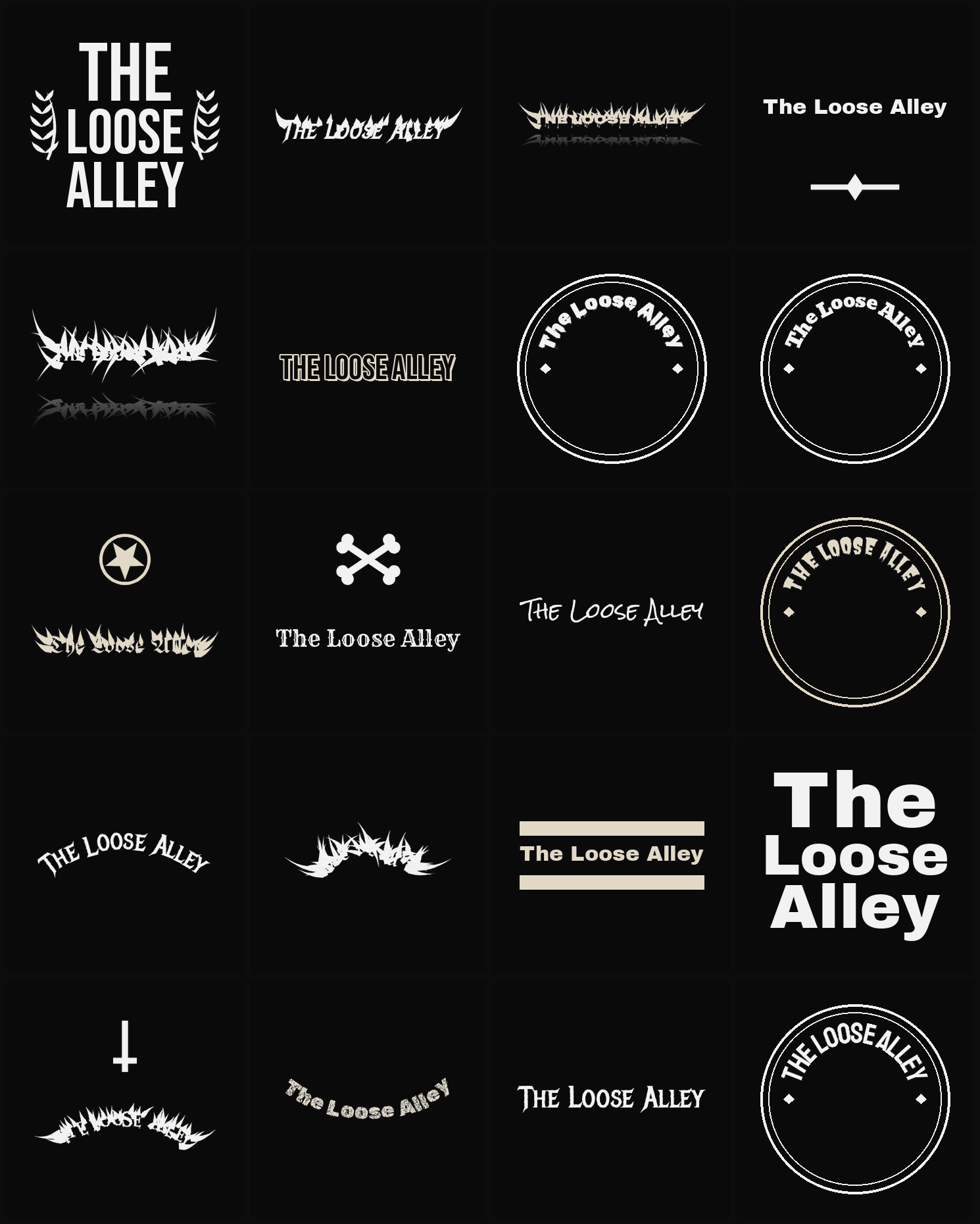 Twenty The Loose Alley band logo ideas — different faces, treatments and spike settings