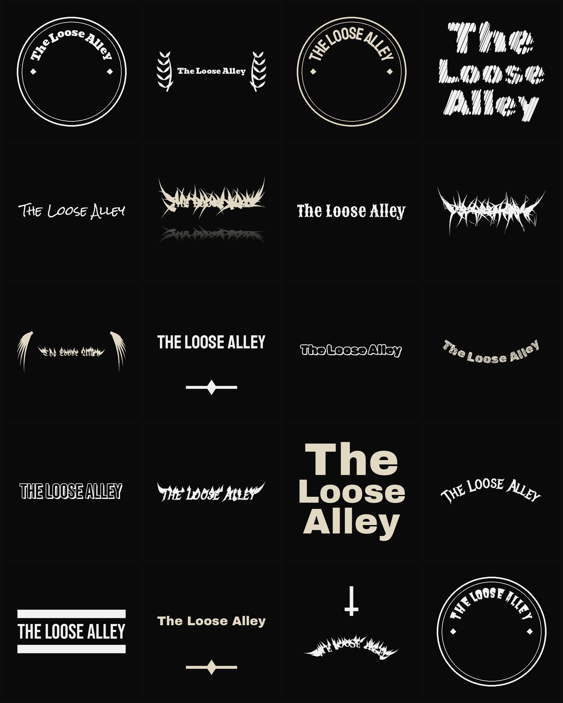 Twenty The Loose Alley band logo ideas — different faces, treatments and spike settings