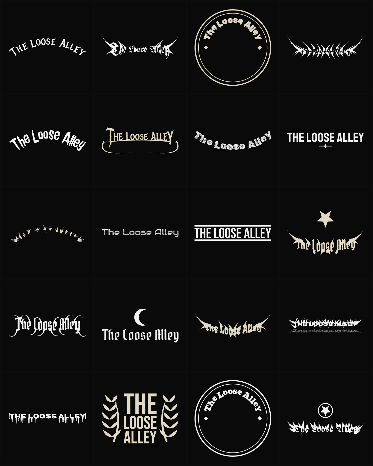 Twenty The Loose Alley band logo ideas — different faces, treatments and spike settings