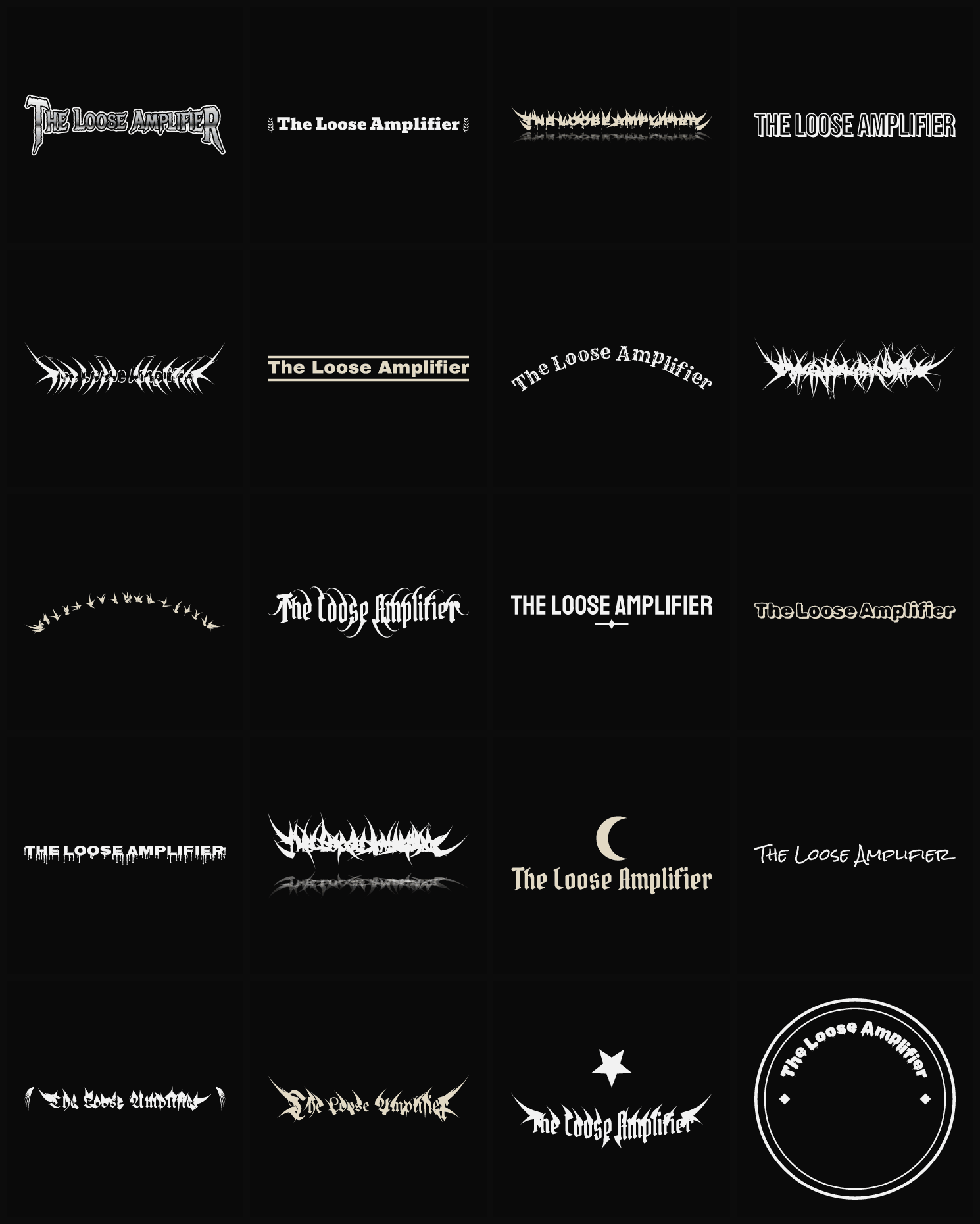 Twenty The Loose Amplifier band logo ideas — different faces, treatments and spike settings