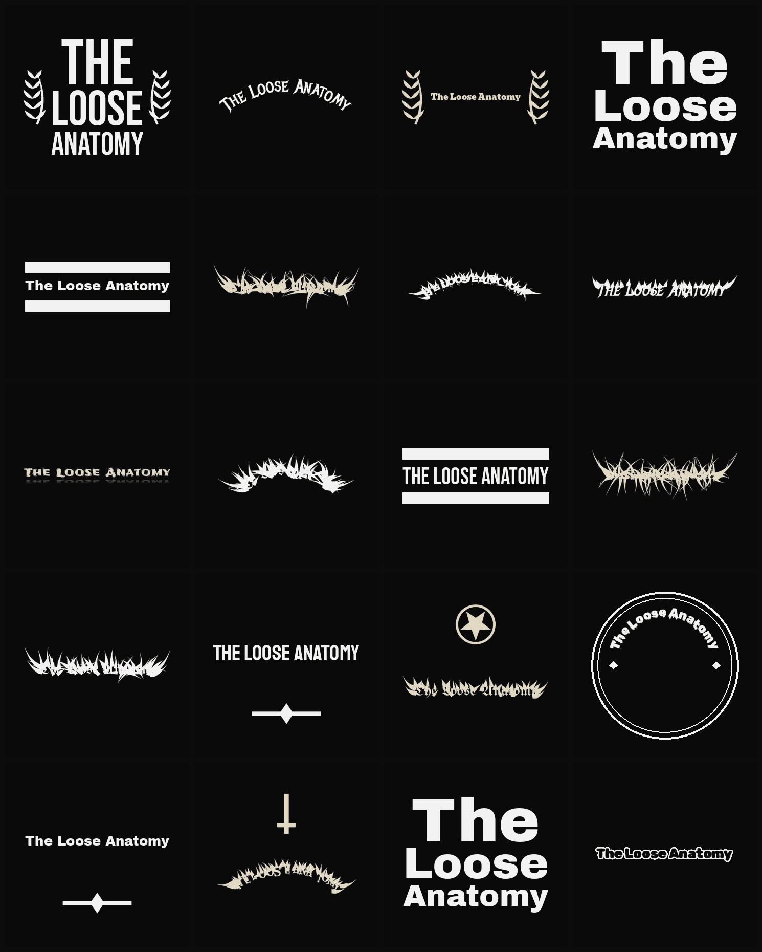 Twenty The Loose Anatomy band logo ideas — different faces, treatments and spike settings