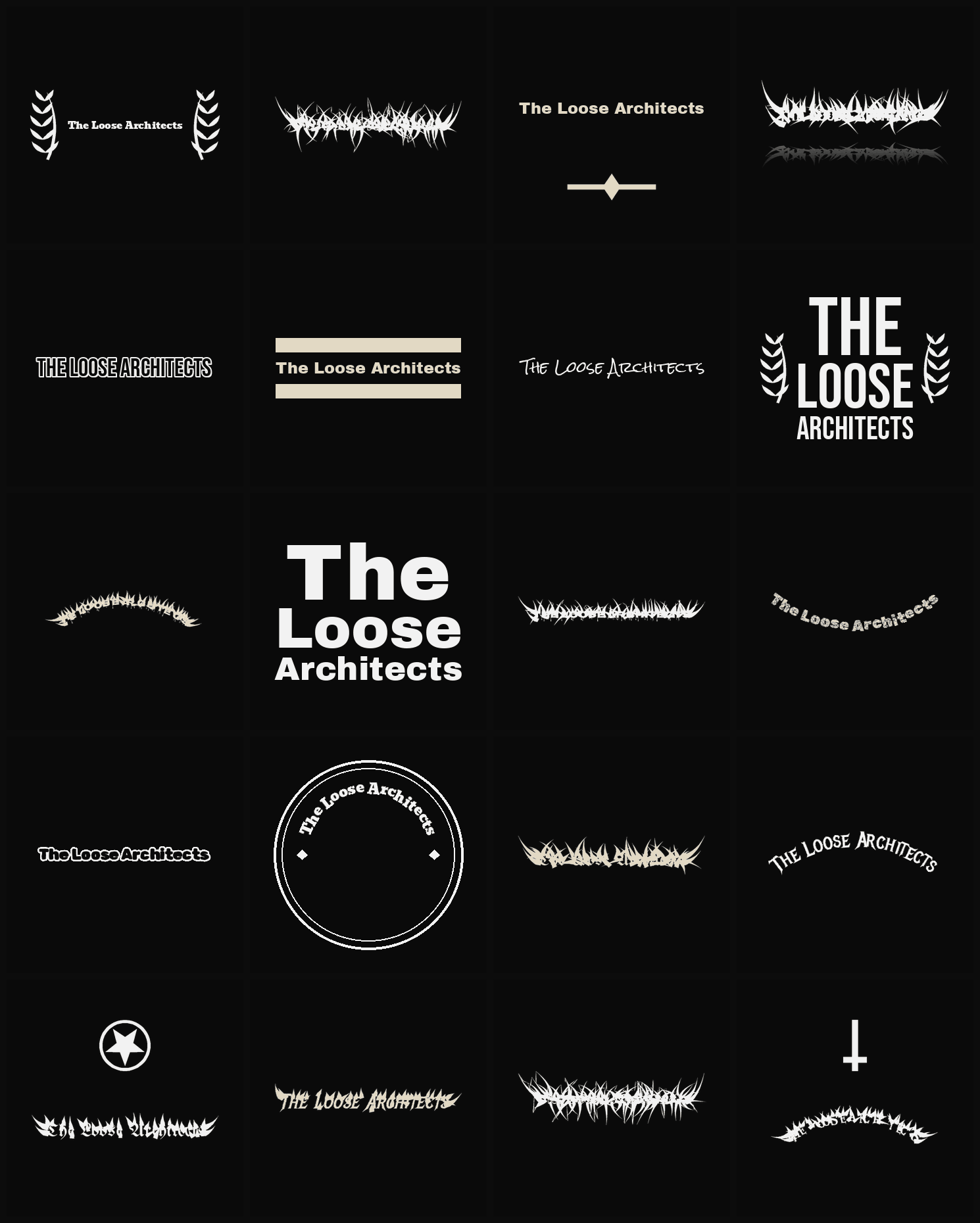 Twenty The Loose Architects band logo ideas — different faces, treatments and spike settings