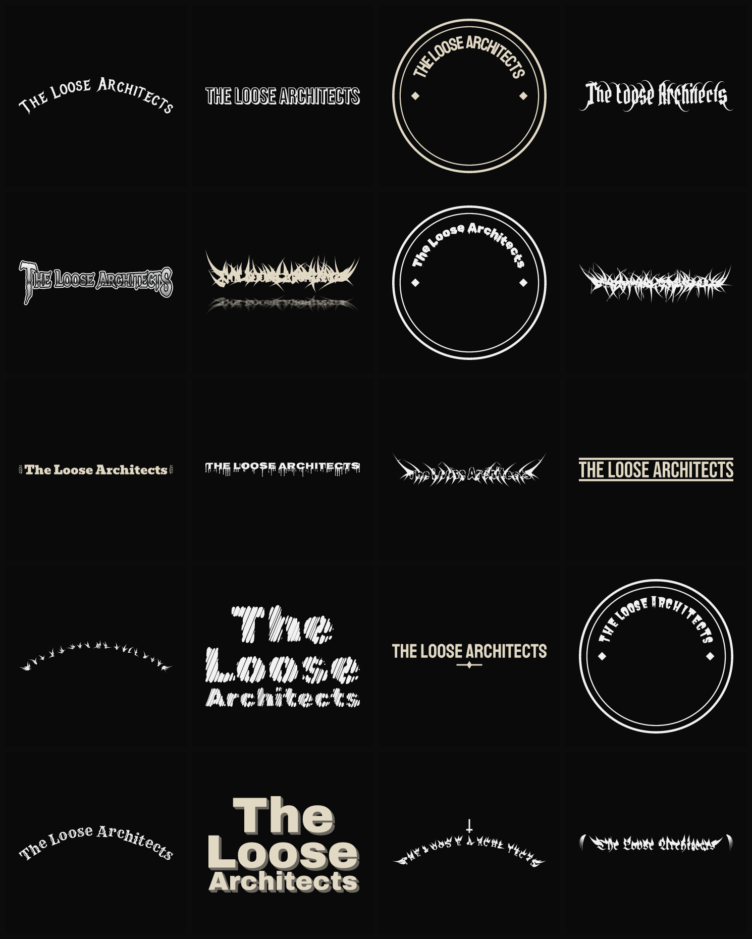Twenty The Loose Architects band logo ideas — different faces, treatments and spike settings