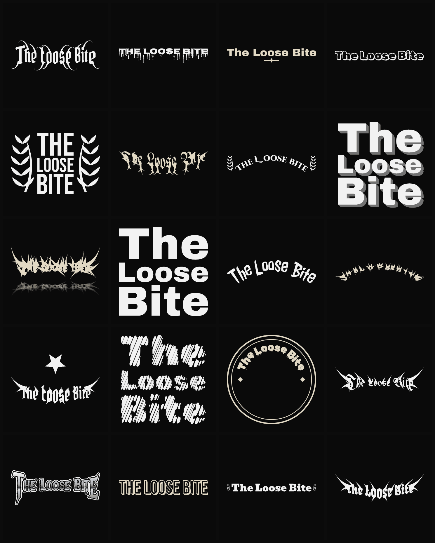 Twenty The Loose Bite band logo ideas — different faces, treatments and spike settings